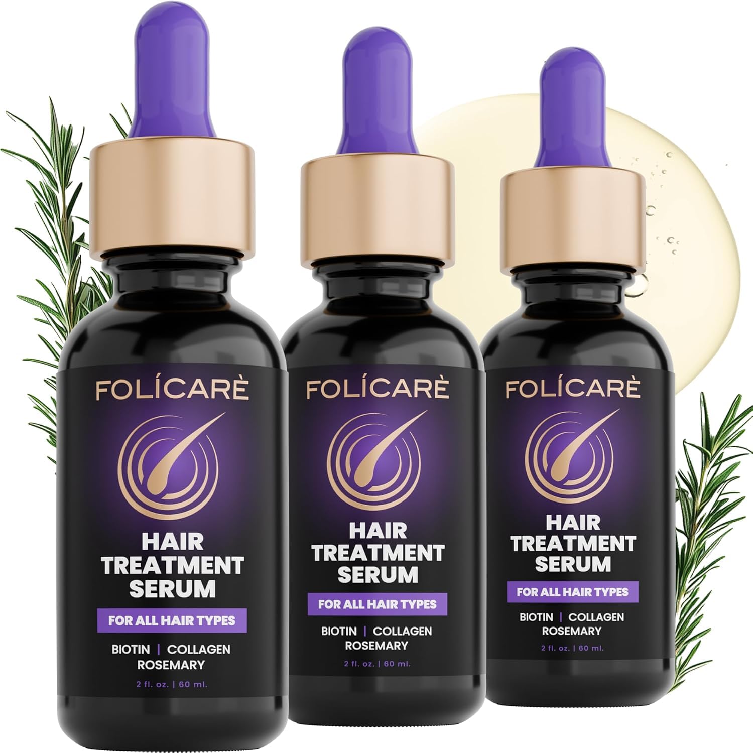 Hair Growth & Thickening Serum With Biotin & Rosemary + Multi-Benefit Treatment for Thinning Hair, Breakage & Split Ends, Boosts Density, Repairs Damage, Hydrates Dry Scalp - For Men and Women, 3 Pack