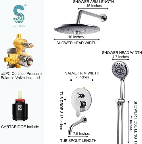 Miniatura 7 de SR SUN RISE Juego de grifo de bañera y ducha de 10 pulgadas, sistema de ducha montado en la pared con boquilla de bañera, cabezal de ducha de lluvia