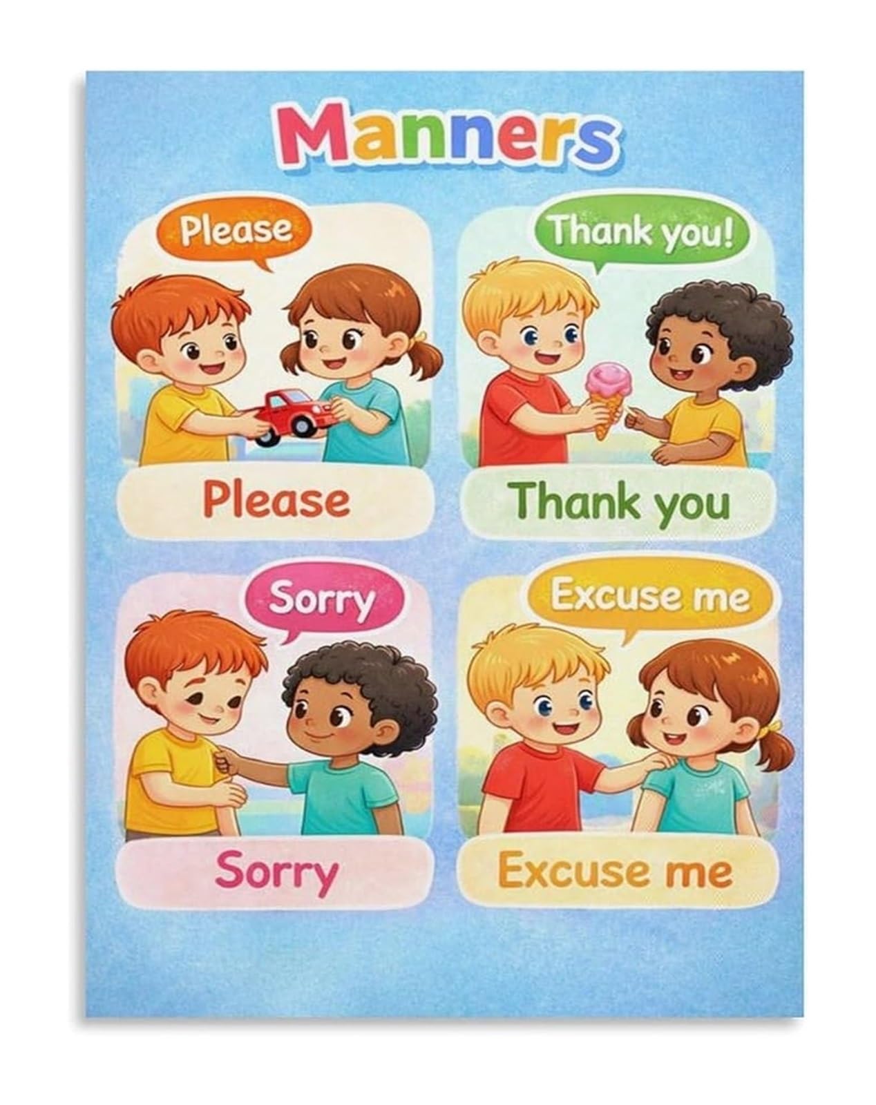 PKNVKZIDK Childrens Etiquette Poster Manners Educational Chart for Home School Classroom Behavior Wall-Art Decor Framed,12x18inch(30x45cm)