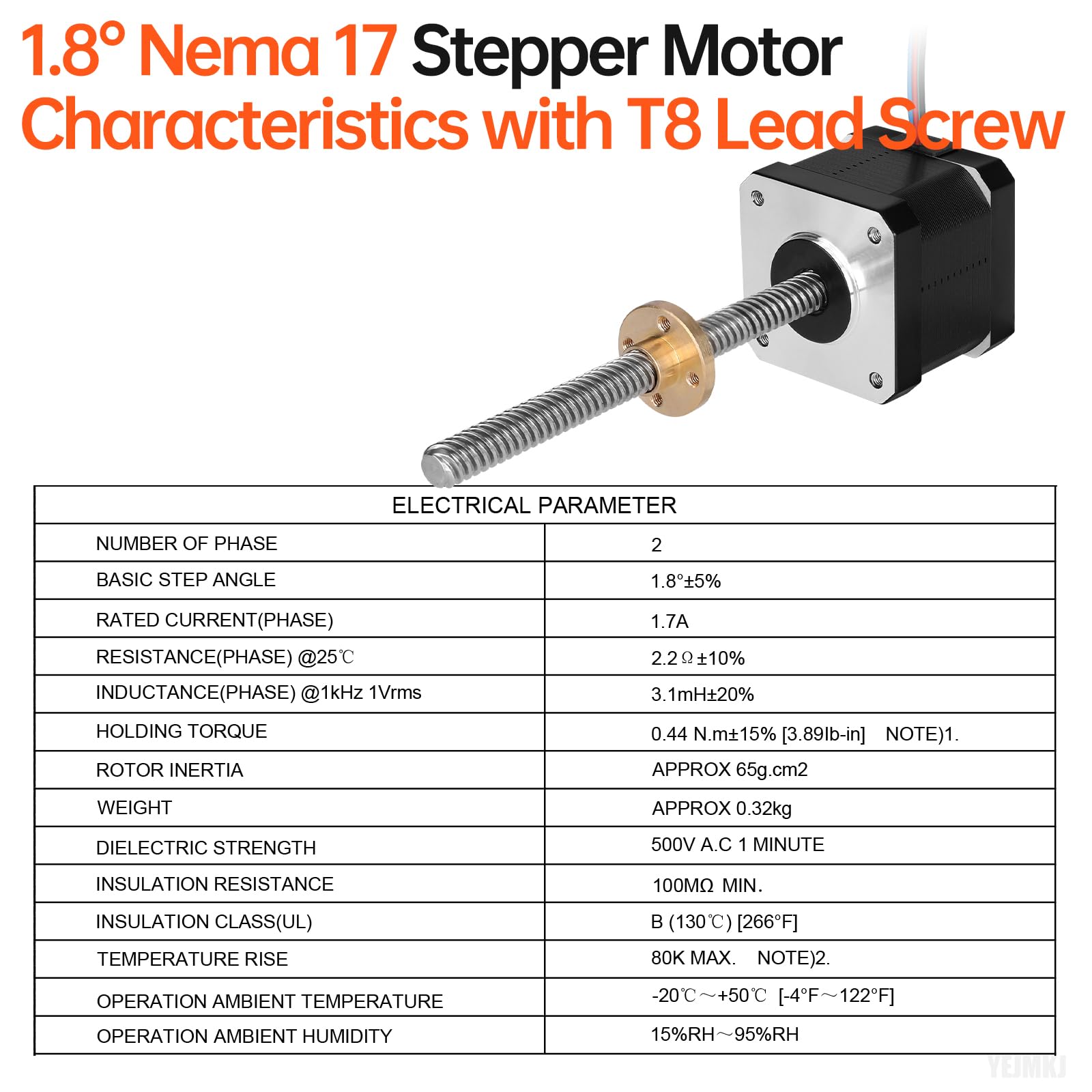 Lot de 5 moteurs pas à pas Nema 17 TR8 x 8 100 mm avec vis T8 2 phases 1,8 ° Couple élevé 0,44 Nm 1,7 A 2,2 Ω Bipolaire 42 x 39 mm Câble 4 fils 1 m pour imprimante 3D DIY Robot Machine CNC