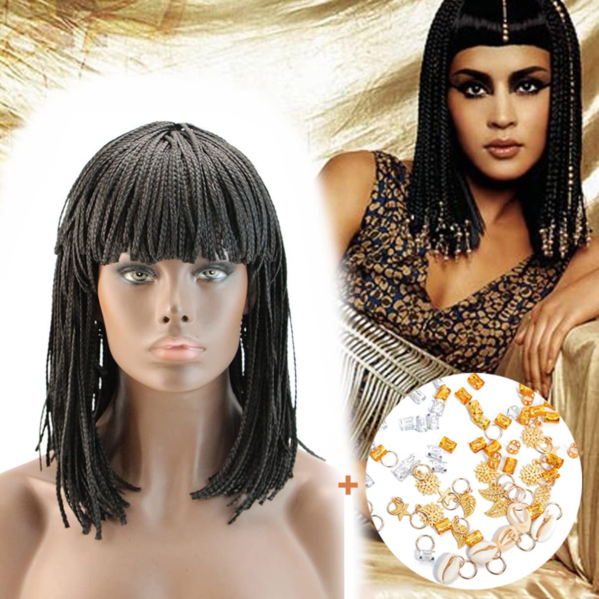 Braided Bob Wig Short Braided Wigs with Bangs for Black Women, Rick James Wig 70-80s Style Box Braid Wig Crochet Hair Synthetic Wigs, Dreadlock Wigs for Daily or Cosplay (Natural Black, 10in/25cm)