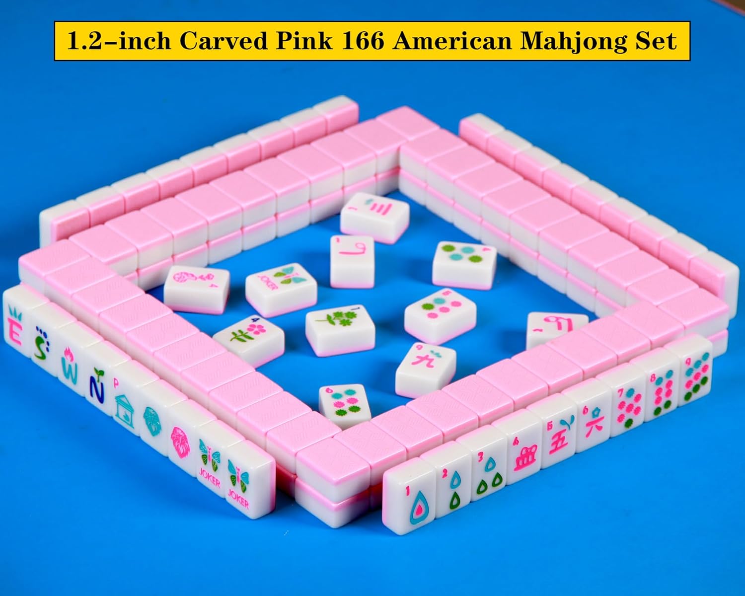 Pink American Mahjong Tile Set 166 Mahjong Tile Set 1.2-inch American Mahjong Set with 4PCS Mahjong Racks with Pushers
