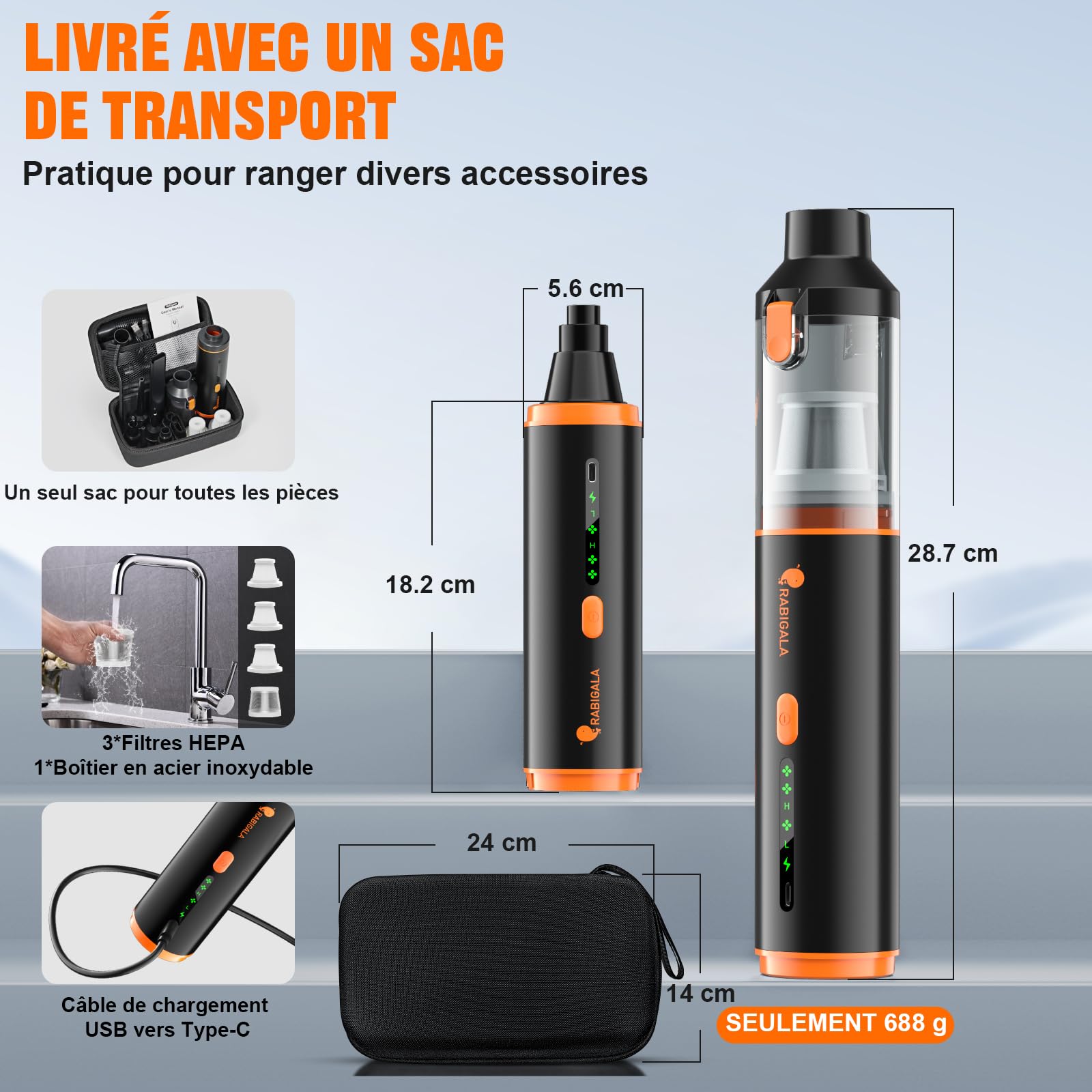 Aspirateur à Main Rechargeable, Aspirateur Voiture 4 en 1 Puissant 30000 PA Aspirateur à Main sans Fil 3 Vitesses 280 000 TR/Min pour Voiture,PC,canapé, Bureau, Maison et Nettoyage des Poils d'animaux