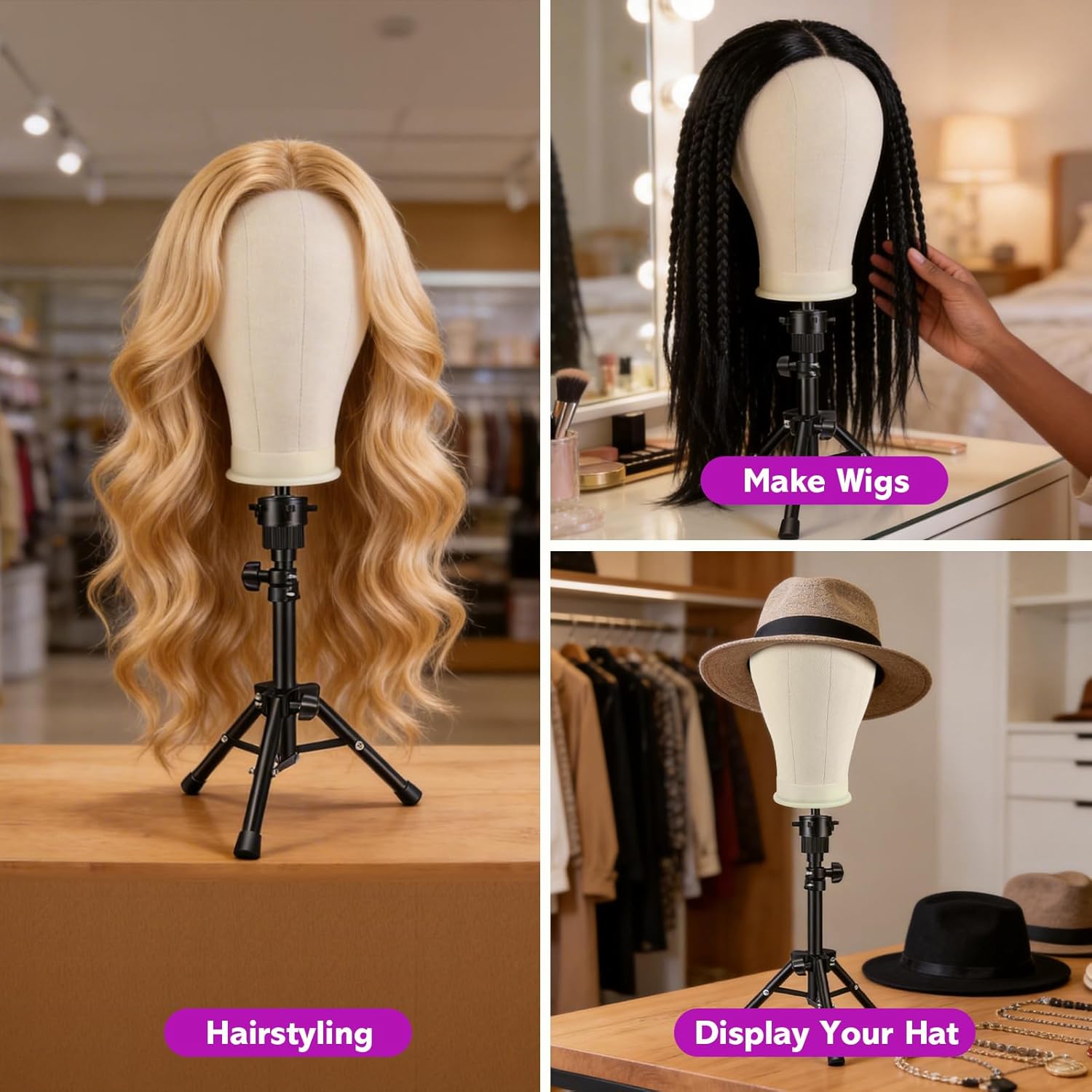 Wig Stand - Wig Stand with Head Canvas Wig Head Mannequin Head for Heavy Wigs, Wig Head Stand Manikin Head Wig Head for Wigs Making Display Styling(Wig not included), Wig Stand Tripod Height Adjustable