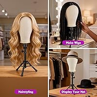 Vista 5 de Cabeza de peluca de 23 pulgadas, soporte para peluca trípode con cabeza, soporte de peluca de lona con cabeza de maniquí para pelucas, juego