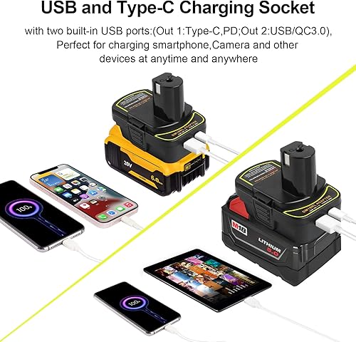 Miniatura 5 de ZLWAWAOL Paquete de 2 convertidores de adaptador de batería DM18RL con enchufe USB compatible para Dewalt 20V y Milwaukee 18V batería de iones de