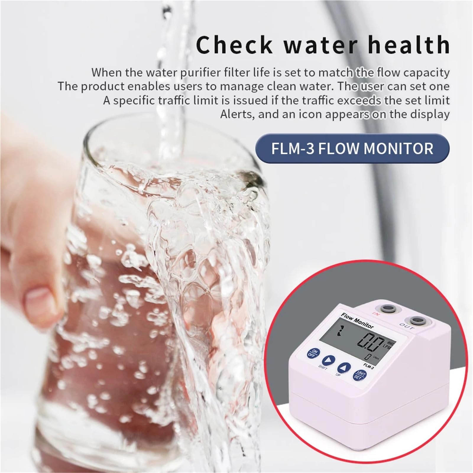 Caudalímetro Ultrasónico FLM-3 medidor de flujo 1/4 "purificador agua pantalla Digital electrónica Monitor filtro alarma y función ahorro energía