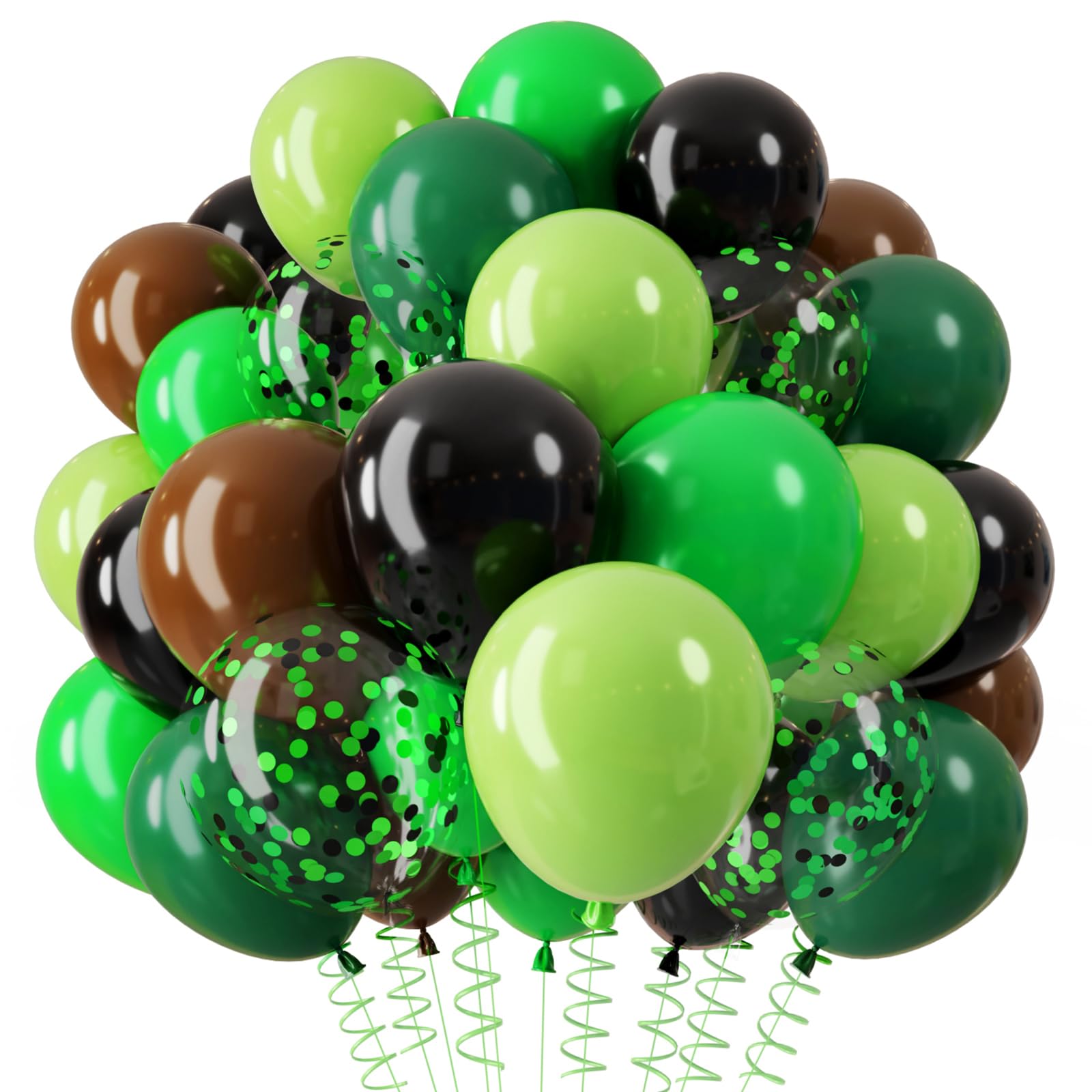 QIFU Green and Brown Balloons, 12Inch Dark Green Brown Balloons with Confetti Balloon for Men Boys Birthday Dinosaur Balloon Woodland Jungle Theme Party Decorations Miner Video Game Theme