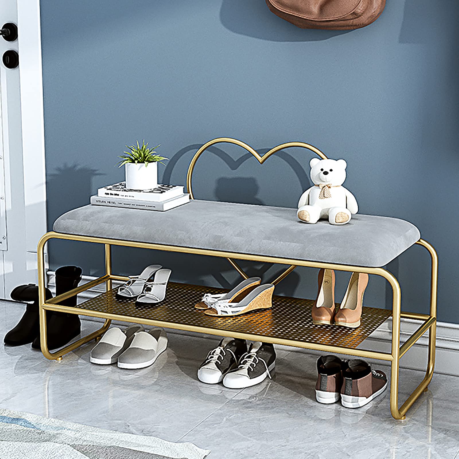 Banc à chaussures moderne en velours et métal gris, meuble de prestige pour couloir et salon