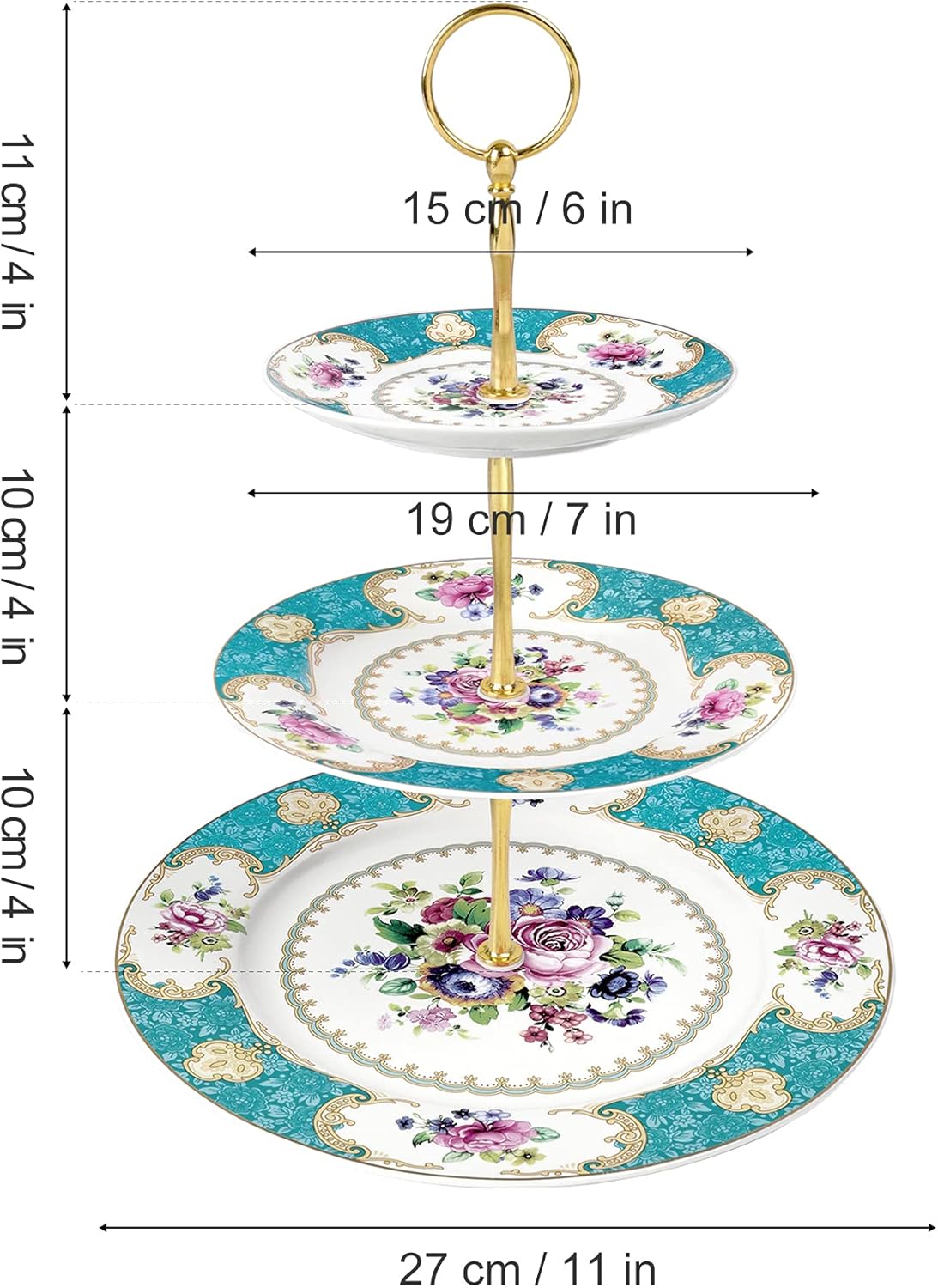 fanquare 10 Inch Floral Porcelain Cake Stand, Vintage Dessert Plate with Gold Trim, Blue Tea Cake Stand (Blue, three-tier)