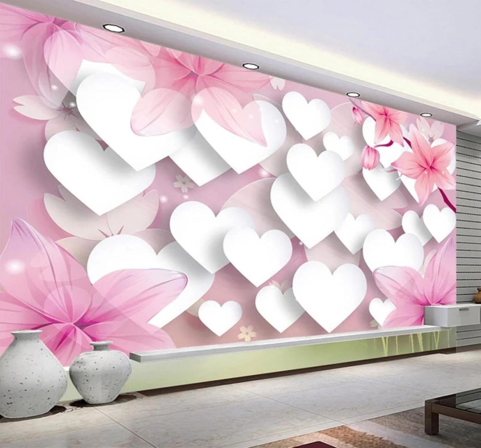 Tzxztt Romantic Pink Flowers Three Dimensional Hearts Modern 3D Wallpaper Premium Textured Silk Neutral Tones Material Ideal for Living Room Bedroom-350cm×256cm