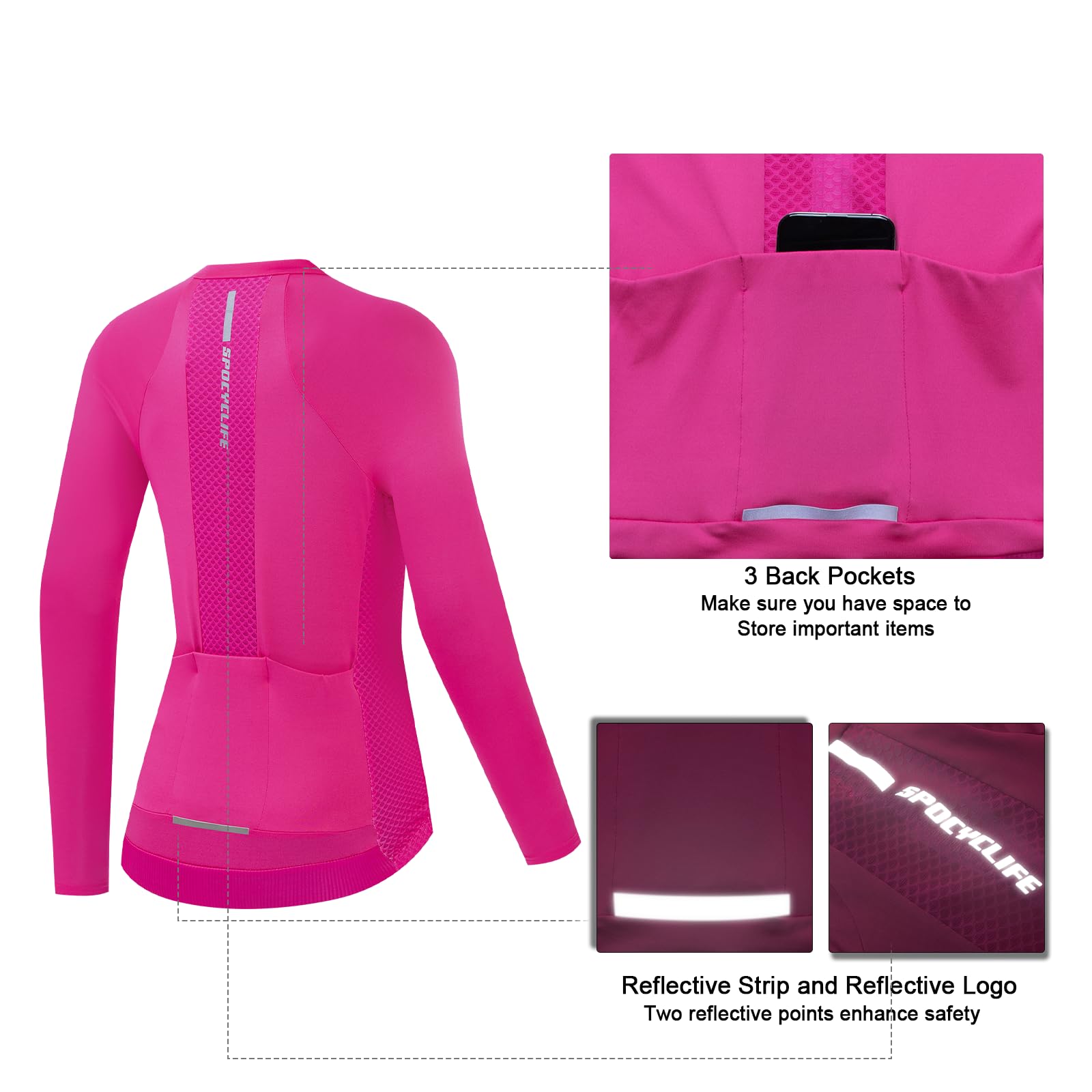 Maglia da ciclismo da donna, a maniche lunghe, traspirante, per bici da corsa, altamente elastica, con 3 tasche posteriori