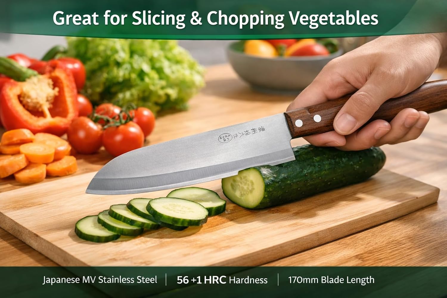 Japanese Style Santoku Knife, 170mm, Stainless Steel Blade, Wooden Handle