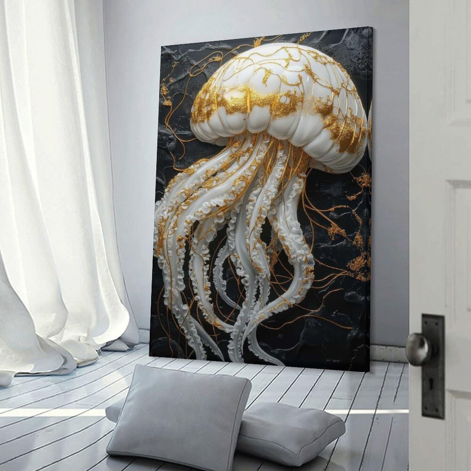 Junmoney Frame-Style-10 Golden Jellyfish Art Room Decor Wall Art, 24X36inch(60X90cm), For Living Room, Bedroom, Office Or Hallway, Decorative Artwork With Broad Appeal
