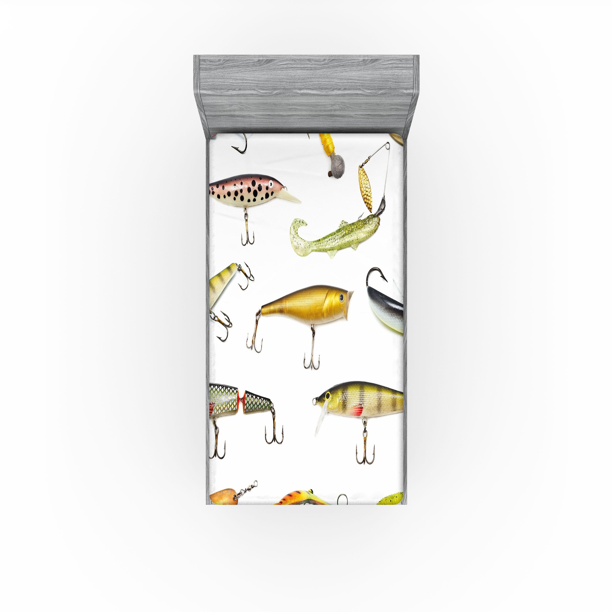 Ambesonne Fish 2 Pack Fitted Sheet, Hunting Sea Animals Theme, Bed Cover All-Round Elastic Deep Pockets 2 Pieces, Package Contains 2 Twin Size Fitted Sheets, White Yellow