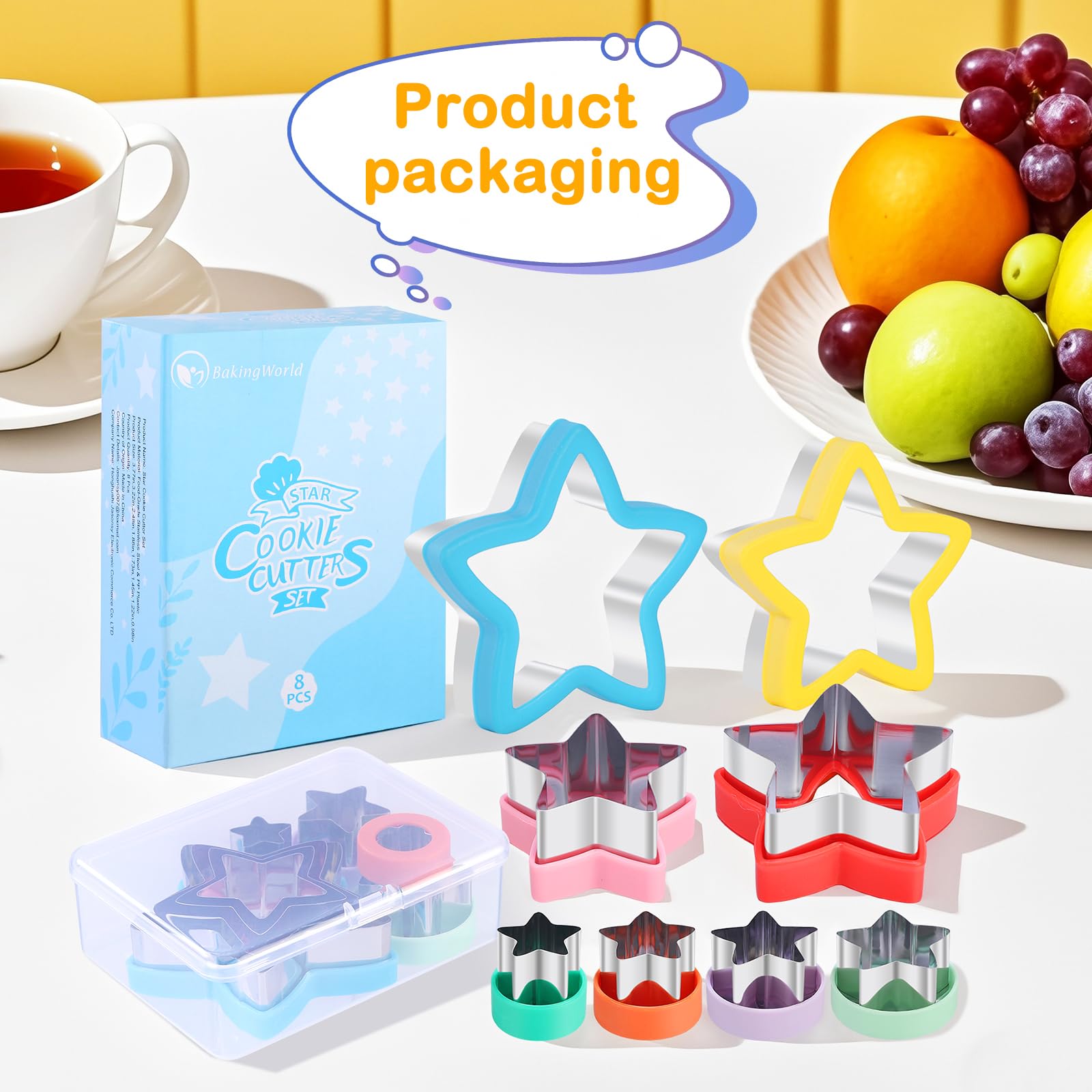 Juego de 8 cortadores de galletas de estrella con asas ergonómicas de plástico y caja de almacenamiento, herramienta de acero inoxidable resistente para galletas, galletas y recuerdos de fiesta, apto