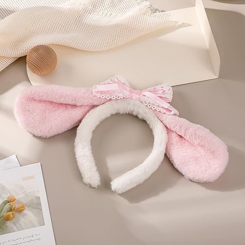 Miniatura 7 de PUCAPOCO Bunny Ears Headband Furry Rabbit Puppy Dog Ears Headband Cute JK Bowknot Headwear for Facial Makeup Costume