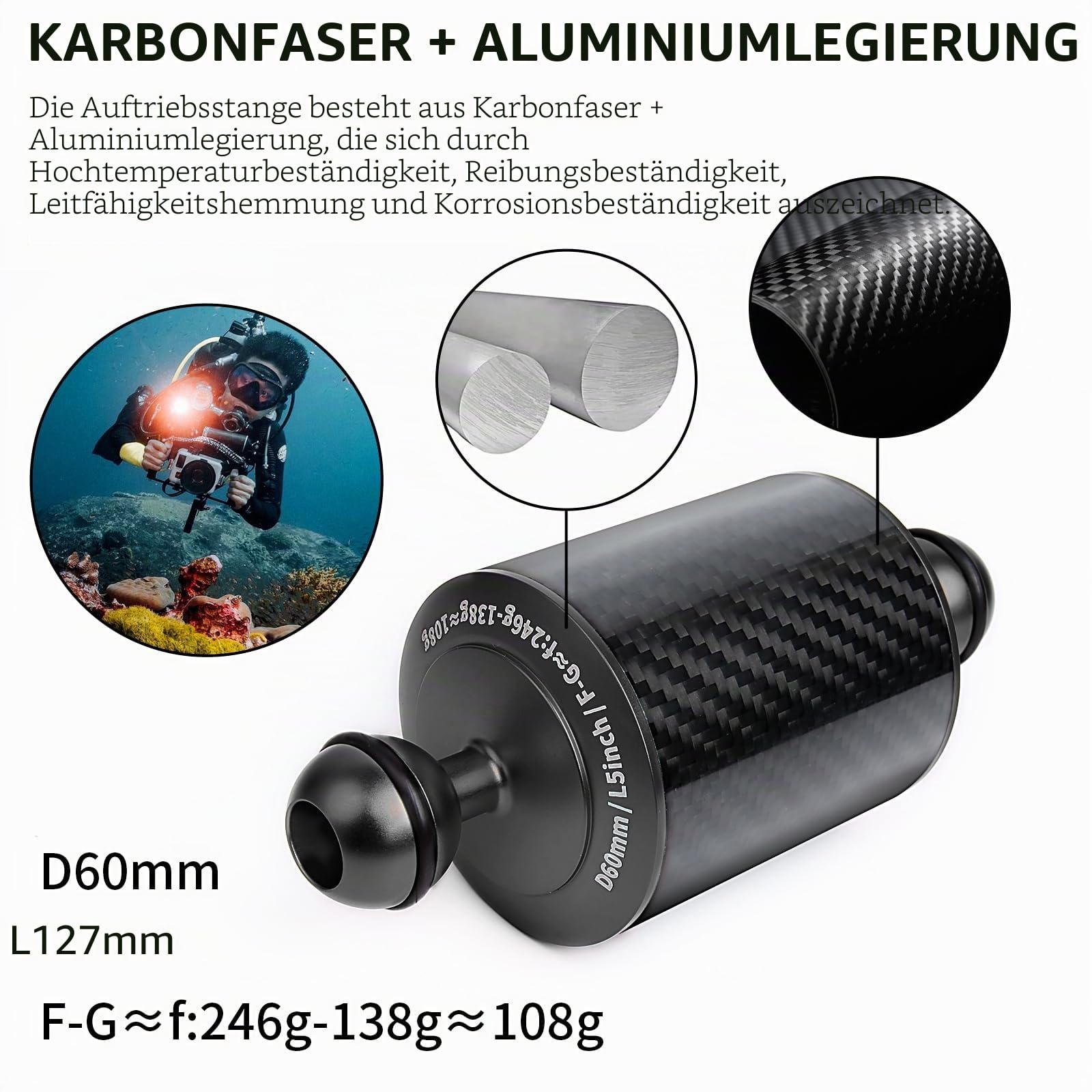 Unterwasser-Schwimmarm aus Kohlefaser, für ultraleichten Wasserarm, Dual 1-Zoll-Ballauftrieb, Schwimmarme, Beleuchtungssystem für Tauchtablett (Schwarz, D60mm, 5")