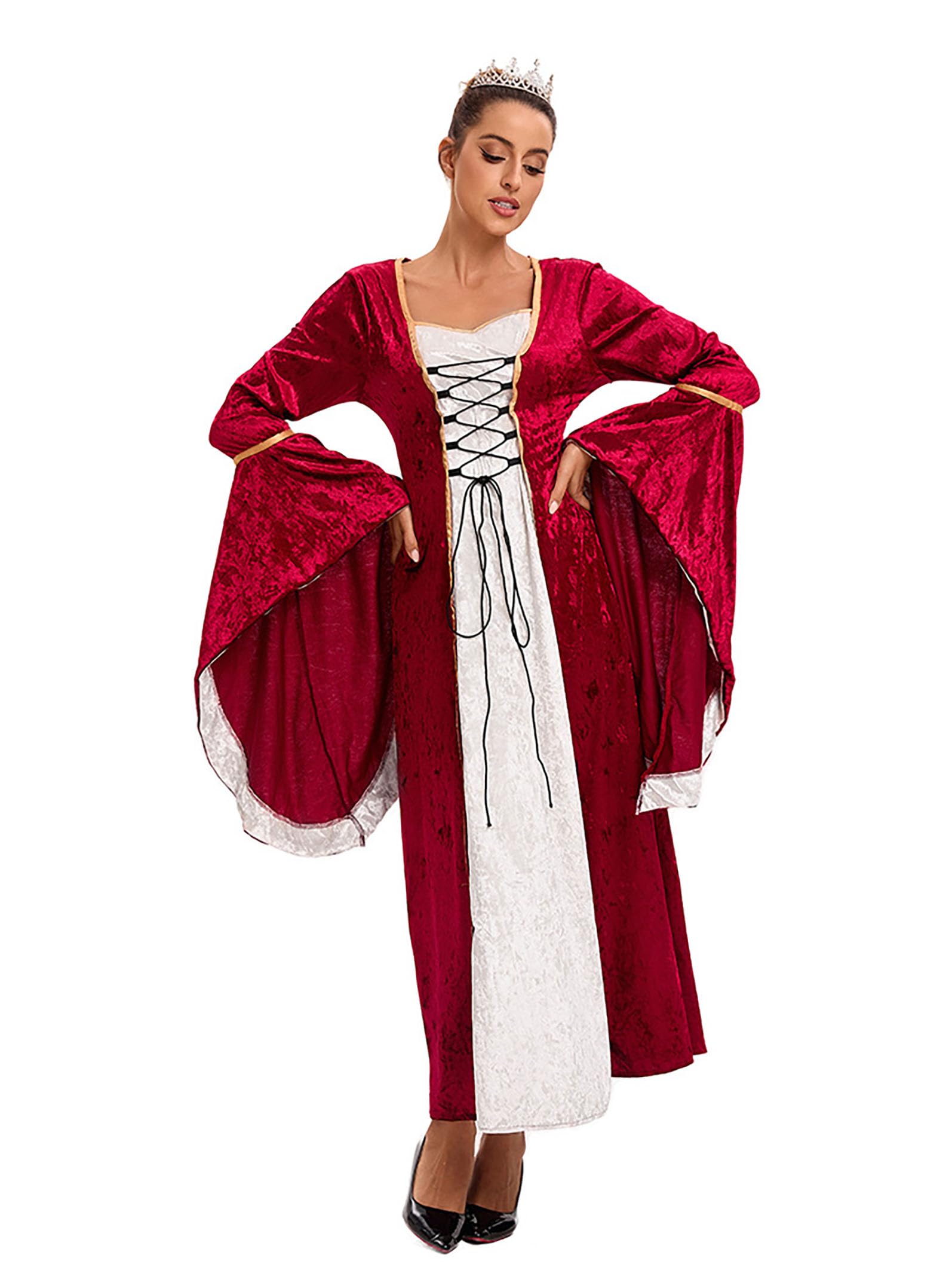 Robe en velours rétro médiévale pour femme avec manches trompettes Styles victorien, Renaissance, pour fête, Halloween, carnaval, gothique