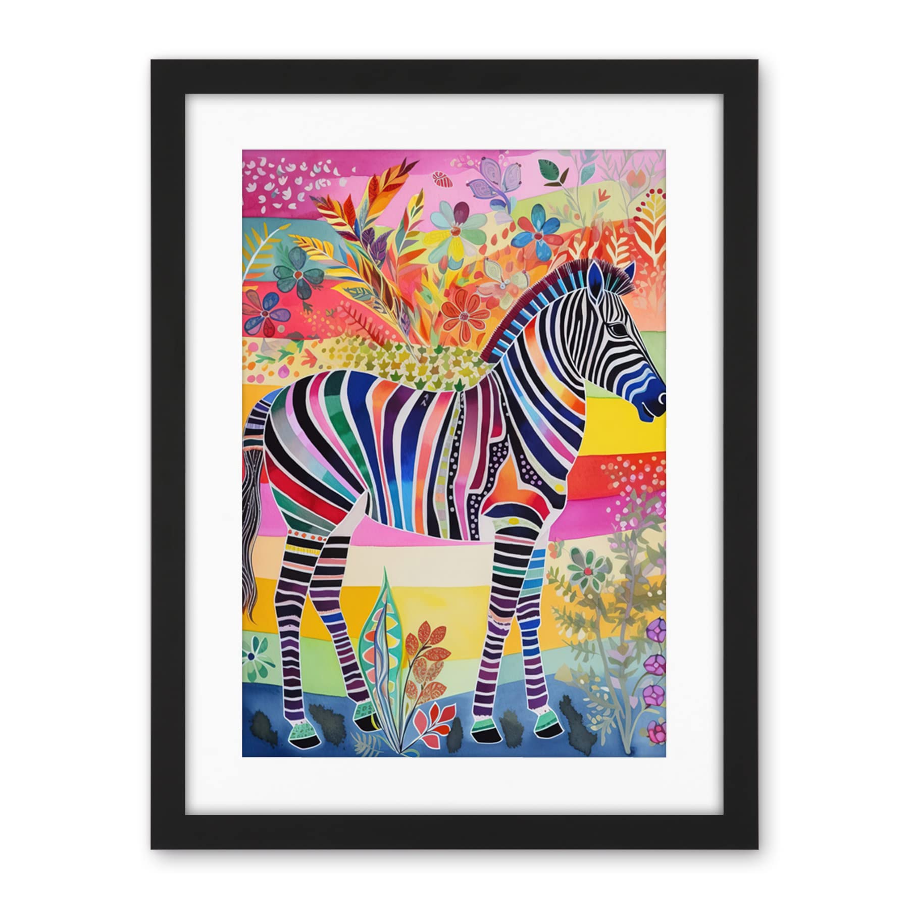 Artery8 Zebra Rainbow Floral Abstract Folk Art Artwork Framed Wall Art Print 18X24 Inch