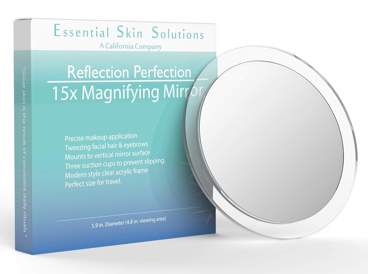 Essential Skin Solutions 15X Magnifying Mirror – Use for Makeup Application - Tweezing – and Blackhead/Blemish Removal – 6 Inch Round Mirror with Three Suction Cups for Easy Mounting