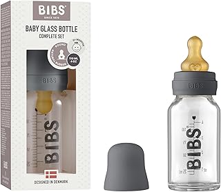 BIBS Baby Glass Bottle 110ml, Vermindert Koliken, Runder Sauger aus Naturkautschuklatex, Unterstützt das Stillen. Complete Set - 110 ml, Iron