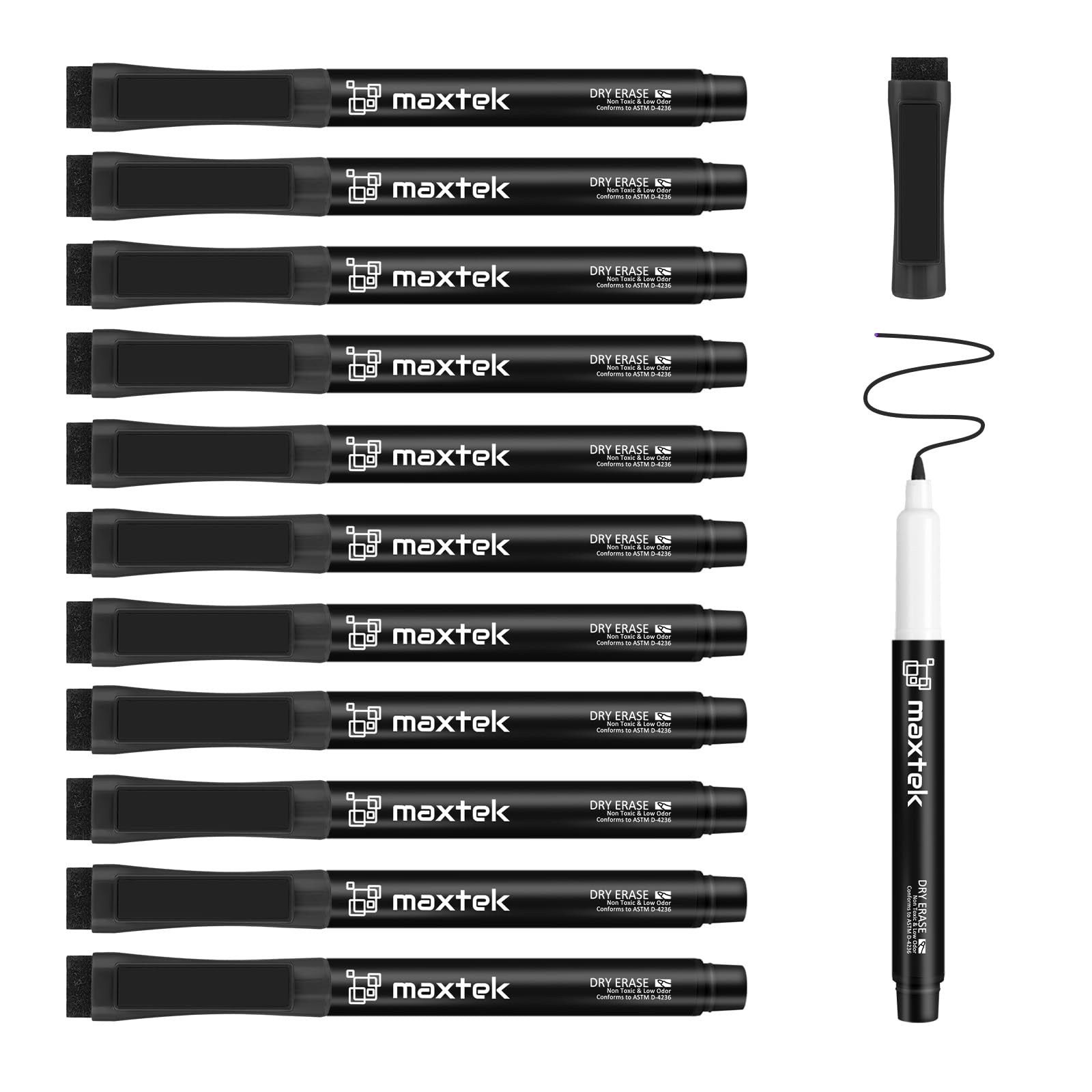 maxtek Magnetic Whiteboard Pens with Eraser, 12 Black 0.7mm Ultra Fine Tip White Board Markers Erasable, Low Odour Thin Dry Wipe Pens (Pack of 12)