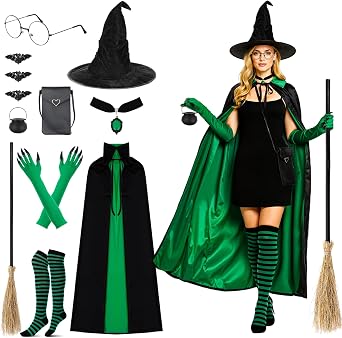 Shihanee 12 Pcs Halloween Witch Costume Set for Women Including Witch Hat, Glasses, Gloves, Striped Stockings, Cape, Broom, Necklace, Bat Ring, Jar, Cellphone Case, Adult Cosplay Set for Party