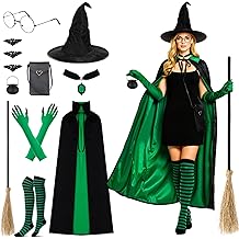 12 Pcs Halloween Witch Costume Set for Women Including Witch Hat, Glasses, Gloves, Striped Stockings, Cape, Broom, Necklace, Bat Ring, Jar, Cellphone Case, Adult Cosplay Set for Party