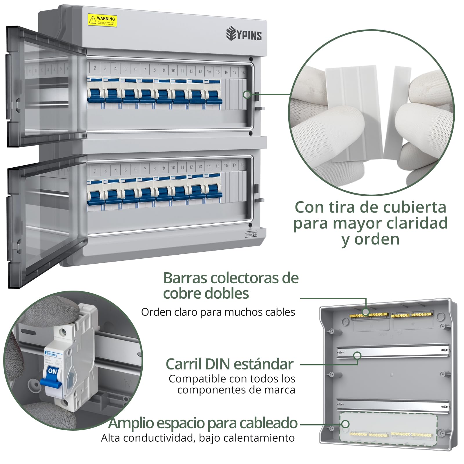 EYPINS Caja Estanca Exterior Electrica 2 Filas 36 Módulos, Caja de Distribución de Superficie de Apertura Horizontal,Carcasa Aleación de PC, IP66 Impermeable y Antipolvo para Taller Jardín Obra