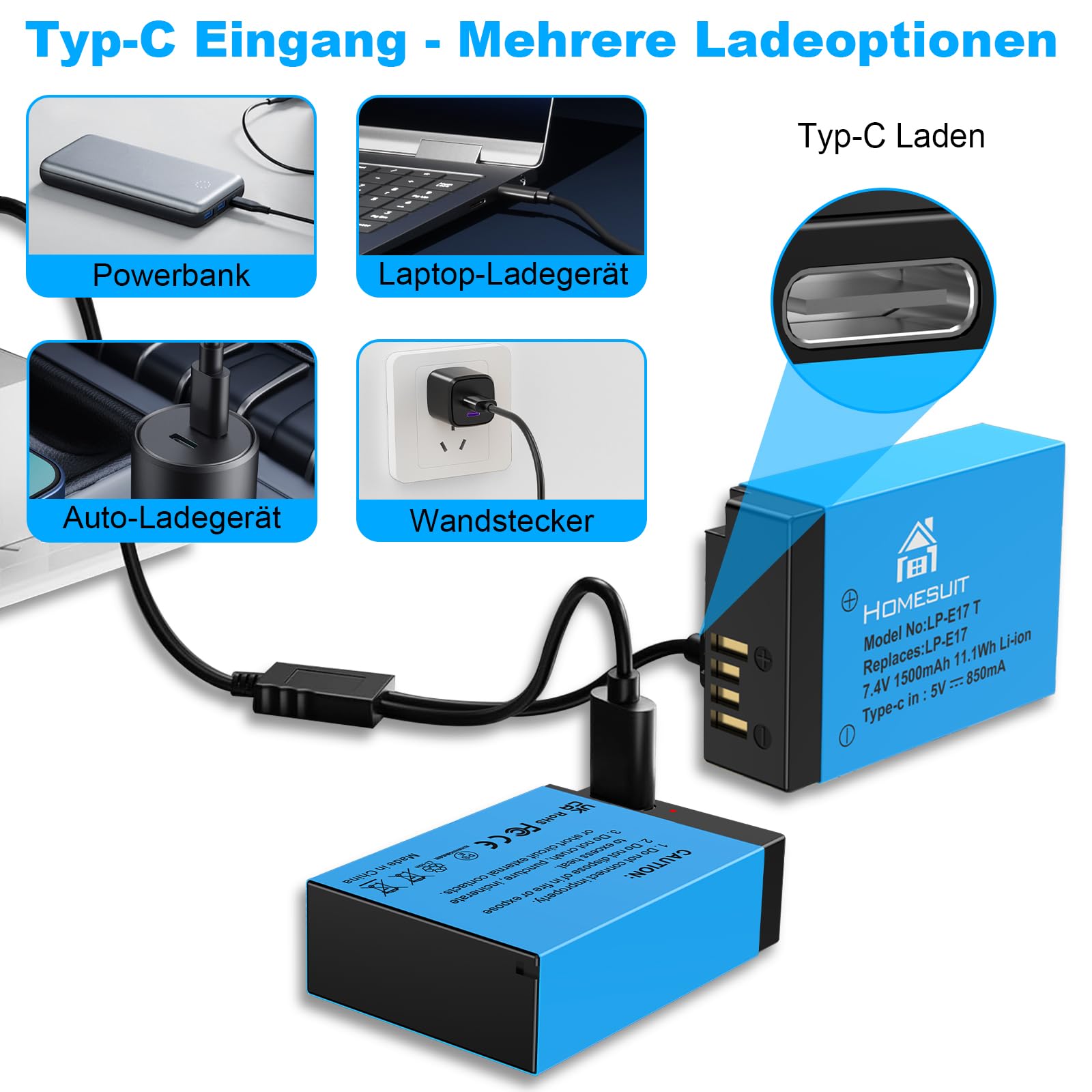 Homesuit LP-E17 Akku 1500mAh & 2-in-1 Ladekabel für Canon EOS R8, R10, R50, RP, R100, M3, M5, M6, M6 Mark II, 200D, 250D, 77D, 750D, 760D, 800D, 8000D Rebel SL3, SL2, T8i, T7i, T6i, T6s (2er-Pack)