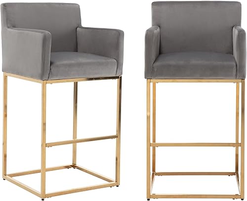 Miniatura 6 de Juego de 2 taburetes de bar tapizados de tela de terciopelo con respaldo y brazos, sillas de bar de metal, taburetes de cocina para isla, bar en