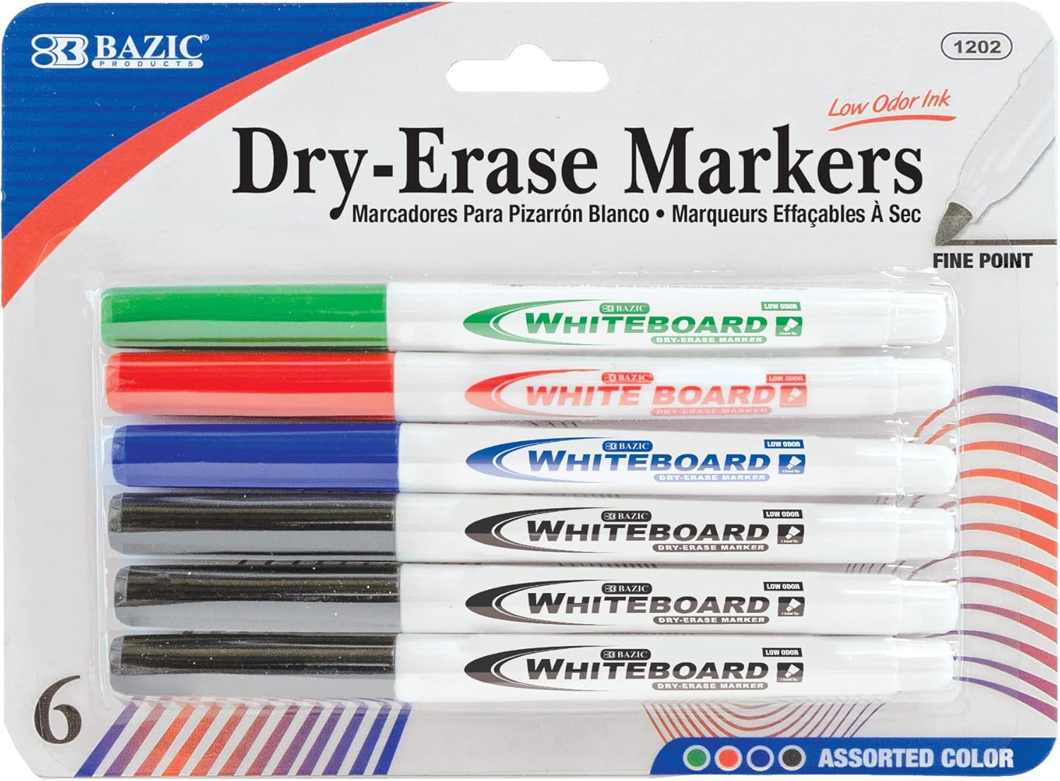 BAZIC Products Dry Erase Marker Assorted Color Fine Tip, Whiteboard Pen Marcador, Low Odor Markers White Board Pens for Office School Supplies (6/Pack), 12-Packs