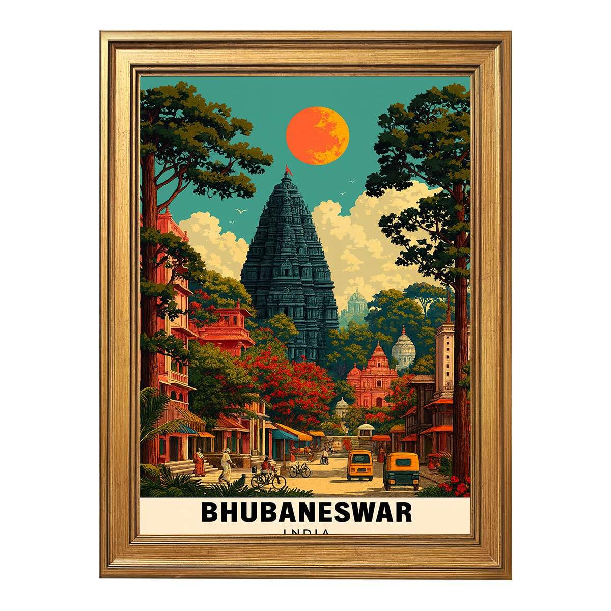 Framed Bhubaneswar India Canvas Wall Art Print Landscape Pictures Vintage Painting Rustic Wall Decor Stunning Art Print for Living Room Decoration. (Gold Framed,12L X16W)