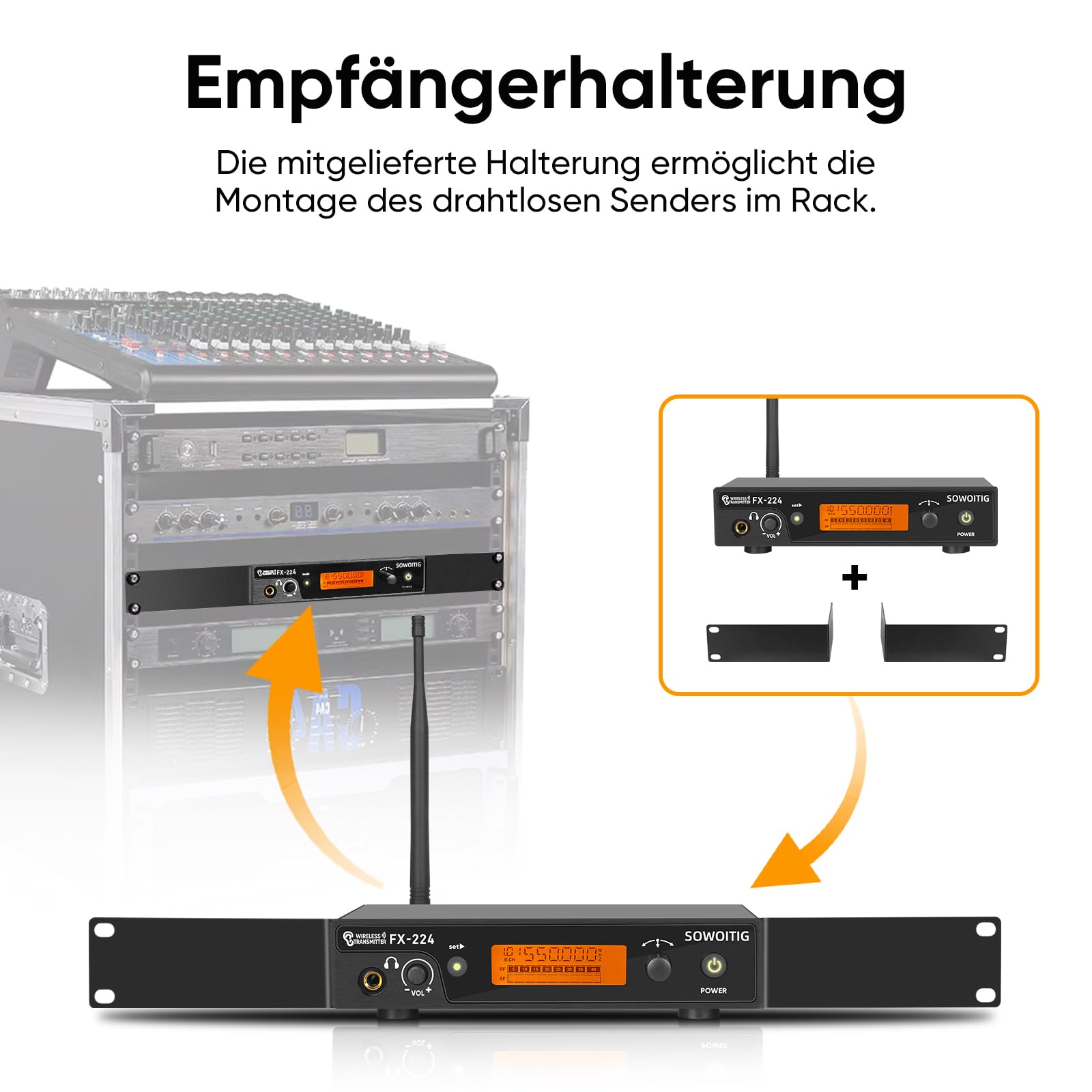Système de surveillance intra-auriculaire sans fil – Système UHF-IEM professionnel (mono) avec émetteur en métal monté en rack, 2 récepteurs Bodypack avec écouteurs, 100 fréquences, portée de