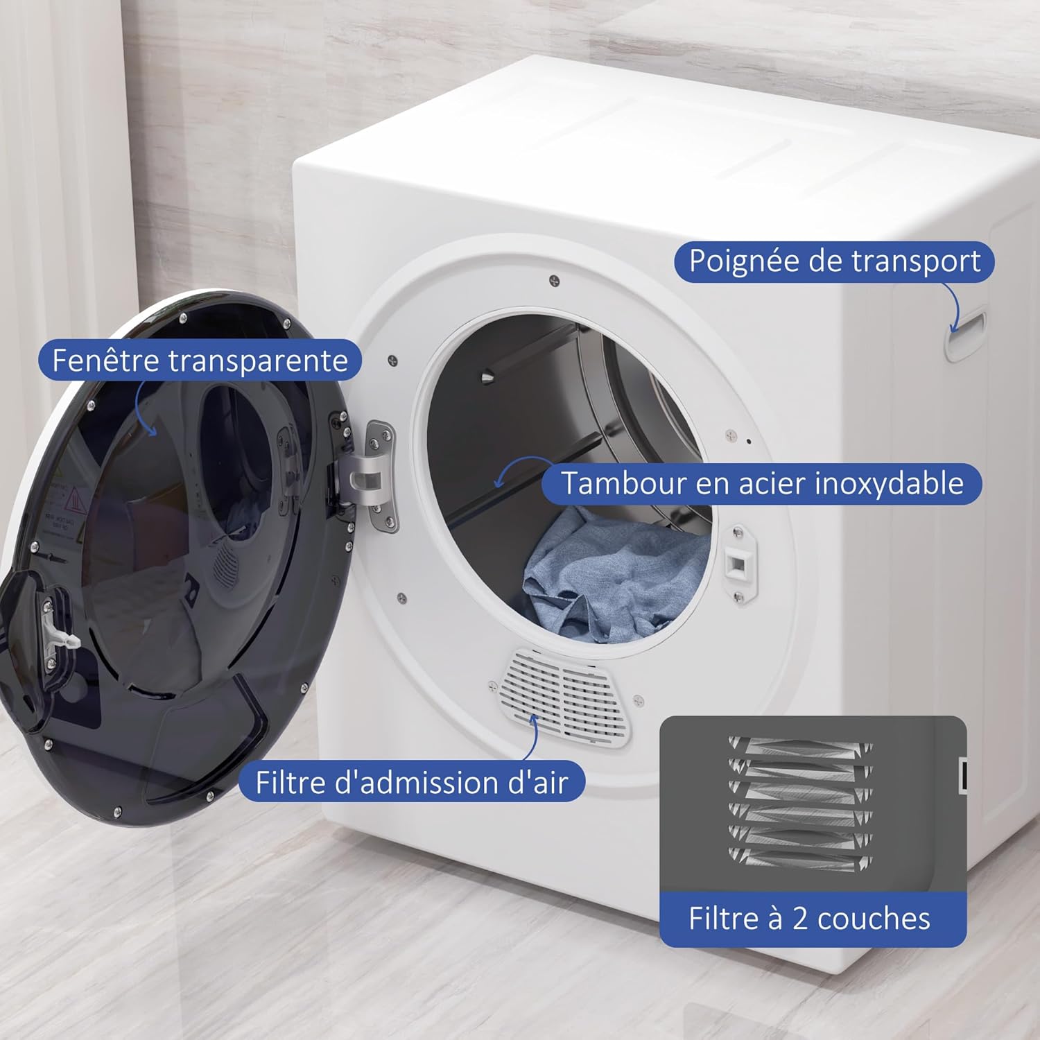 Diagram of the HOMCOM dryer with labels for transparent window, transport handle, stainless steel drum, air intake filter, and 2-layer filter.