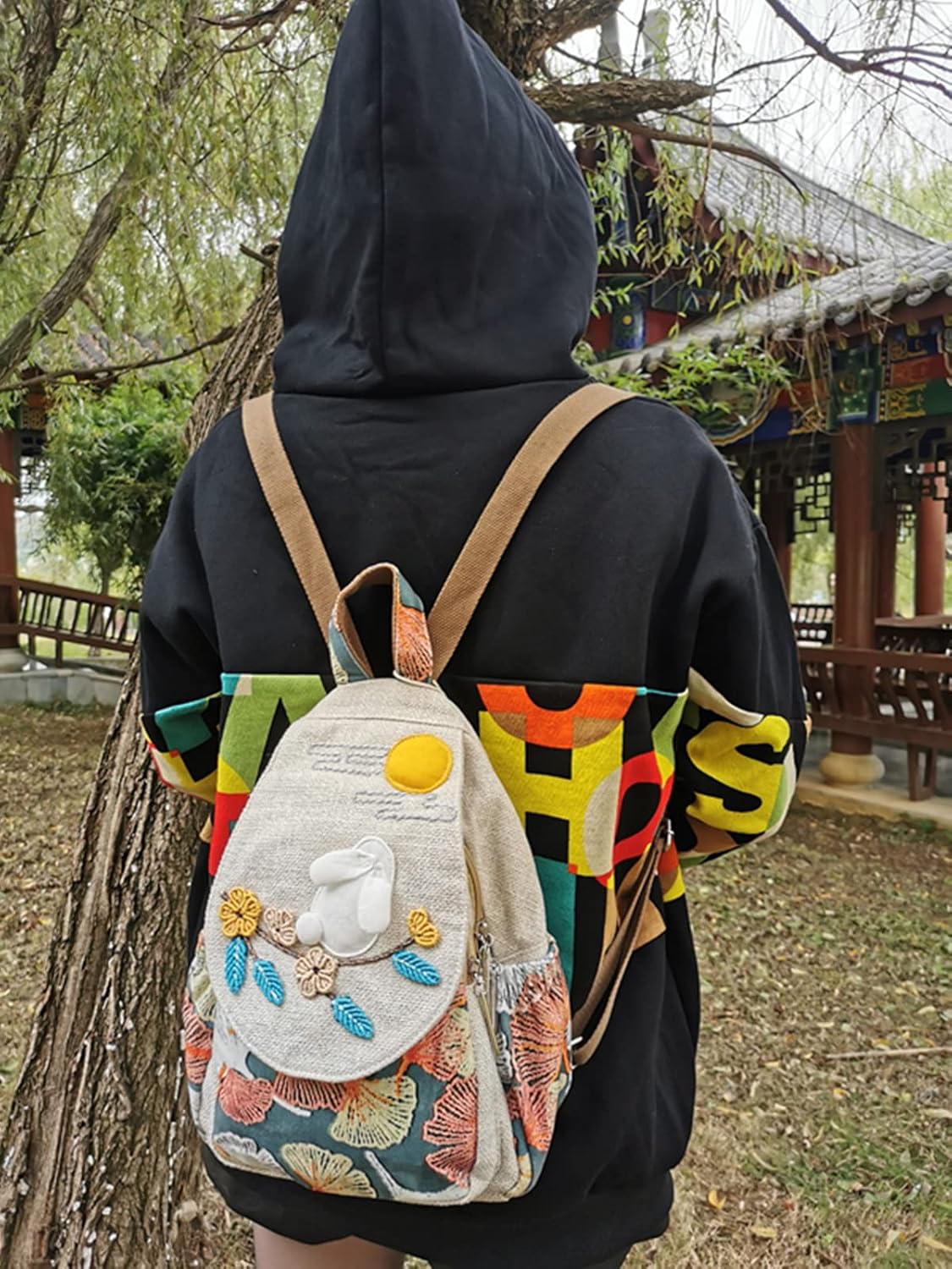 HUANGGUOSHU Women Cotton Woven Bohemian Hemp Boho Canvas Embroidery Multi Pocket Retro Cute Backpack Wallet Backpack（Red rose） - Image 2