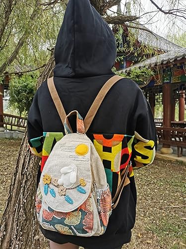 Miniatura 2 de HUANGGUOSHU Mochila de lona bohemia tejida de algodón para mujer, con múltiples bolsillos, estilo retro, linda mochila tipo cartera, Yutu Luna