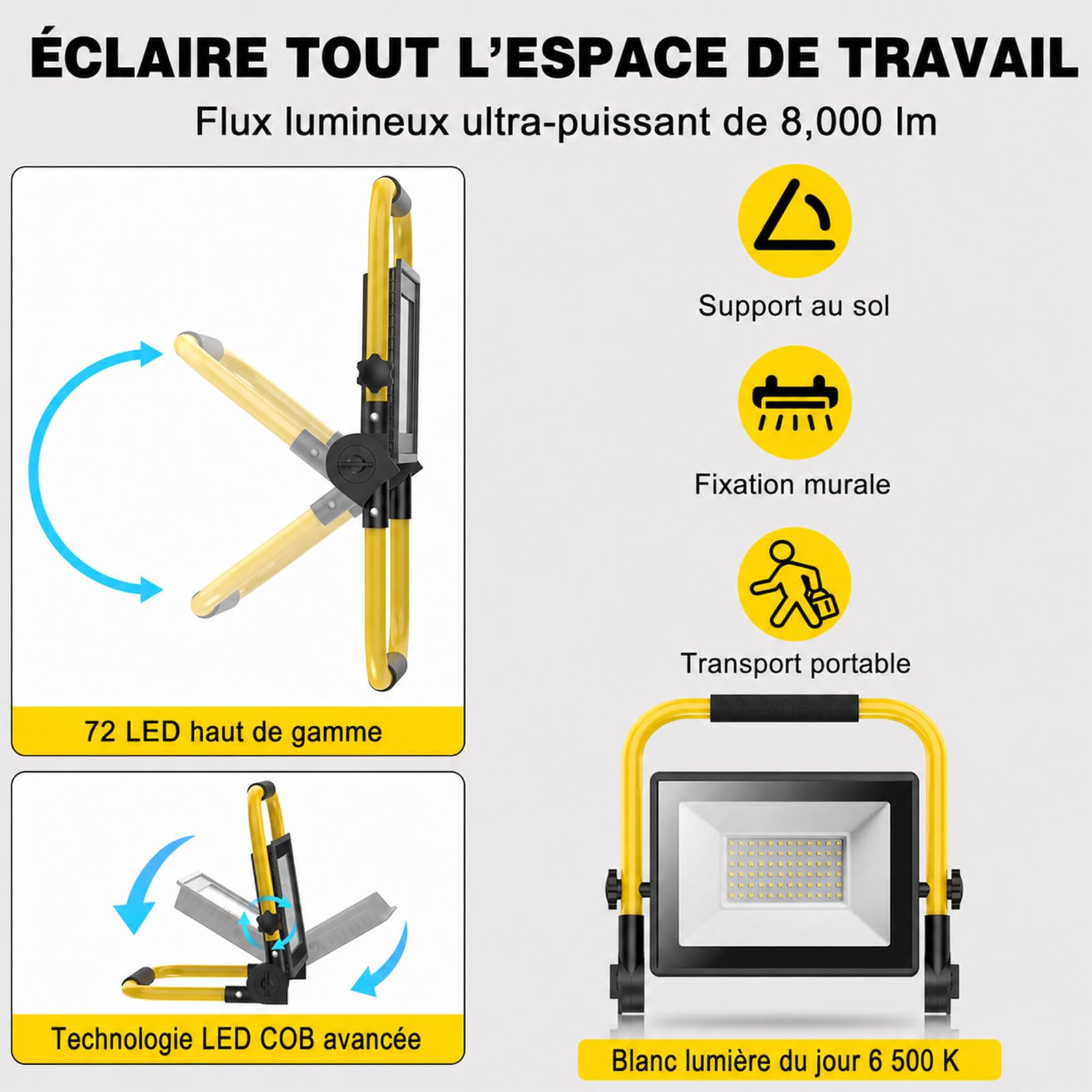 SOARFLY projecteur led chantier 50W, 10000LM, IP66, interrupteur