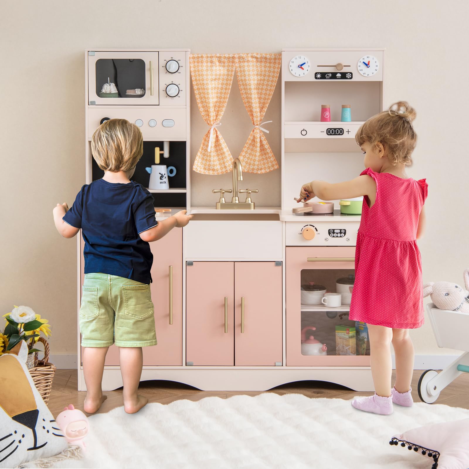 COSTWAY Set da Cucina per Bambini, Cucina Giocattolo in Legno con Microonde, Macchina del Caffè, Cucinetta Giocattolo con Tende, per Bambini 3+ Anni (Rosa)
