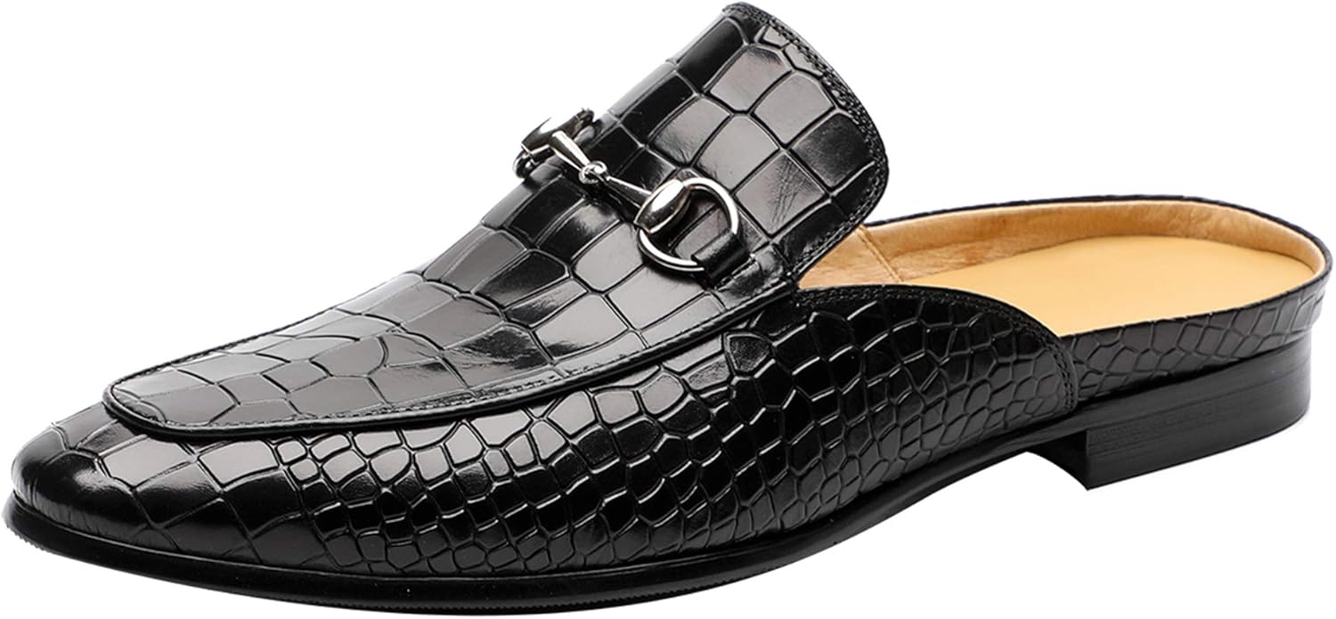 Santimon Mens Mules Clog Slippers Leather Slip on Shoes Casual Loafers Metal Buckle Office Slippers Black 10.5 US