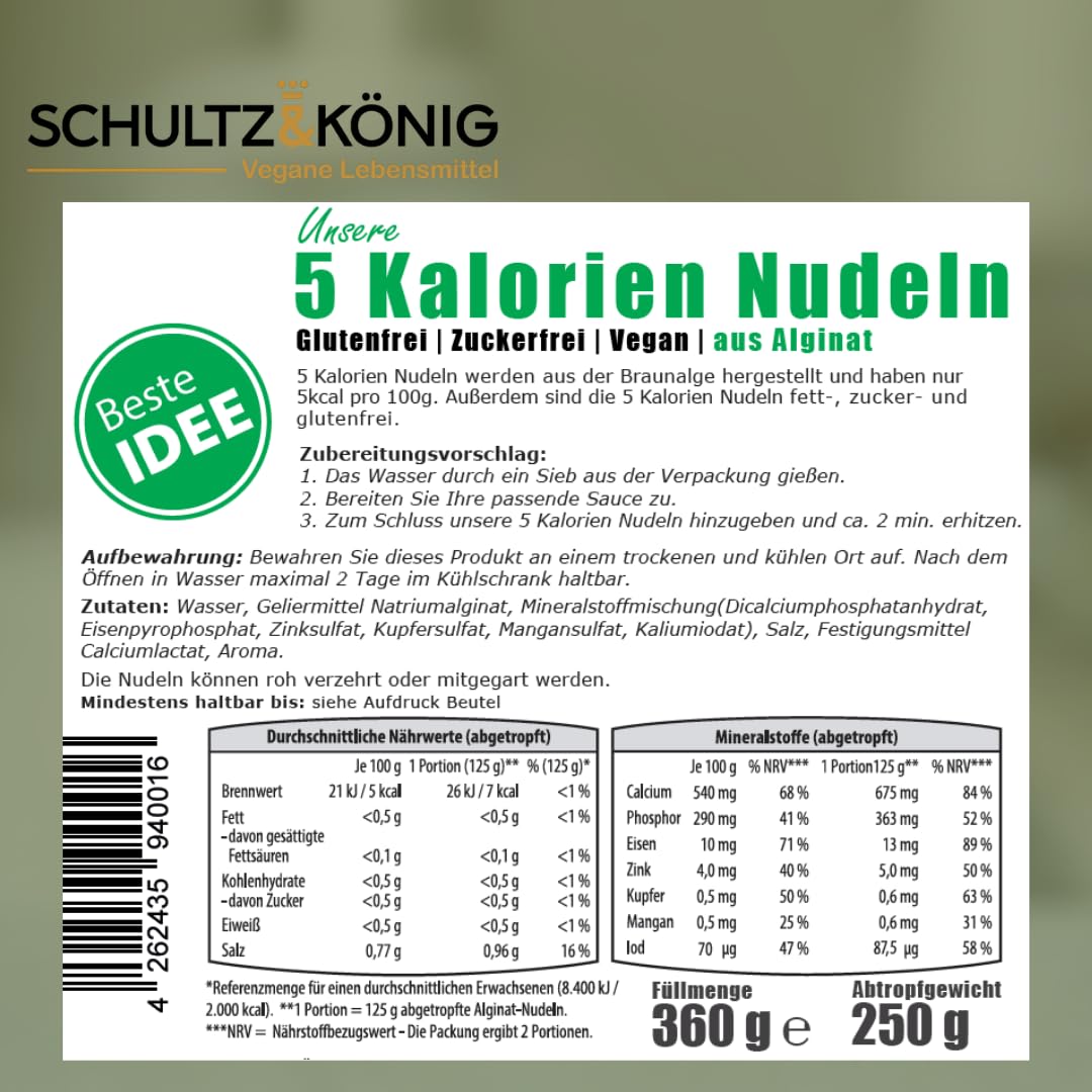 Confezione da 10 | Noodles da 5 calorie 250g | a base di alghe | Senza glutine, senza grassi e vegani | Inodori e insapori | Solo 5 kcal per 100g | Schultz e König