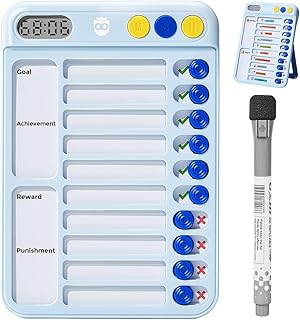 Magnetic Chore Chart for Kids with Timer, Visual Schedule for Kids, ADHD Tools for Kids to Do List, Checklist with 99-Min Countup/Countdown Chore Board with Sliders & 12 Dry-Erase Sheets (Blue)