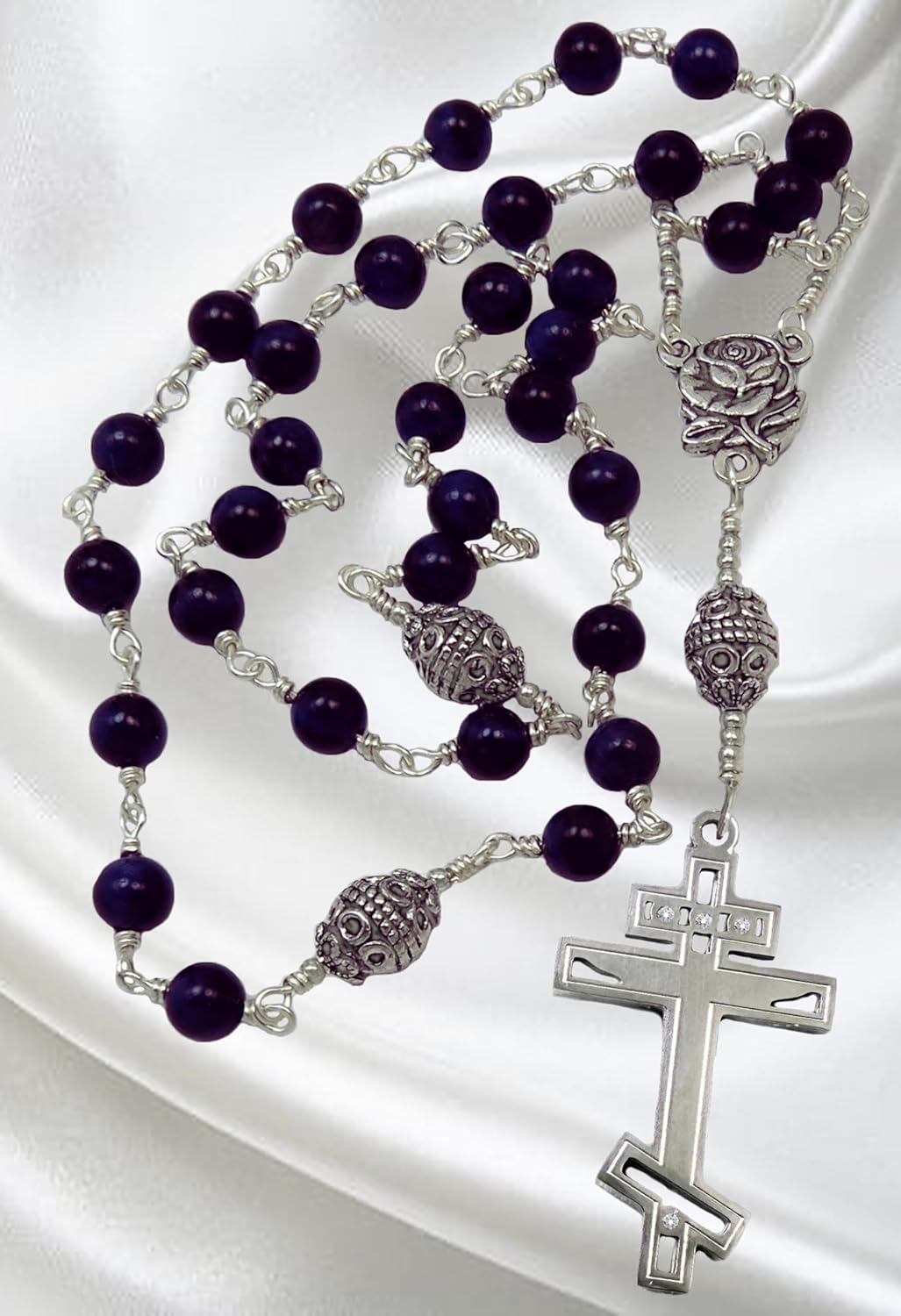 Handmade Unbreakable Orthodox Rosary, Made with Purple Shell Pearls, Silver Finish Stainless Steel Cross