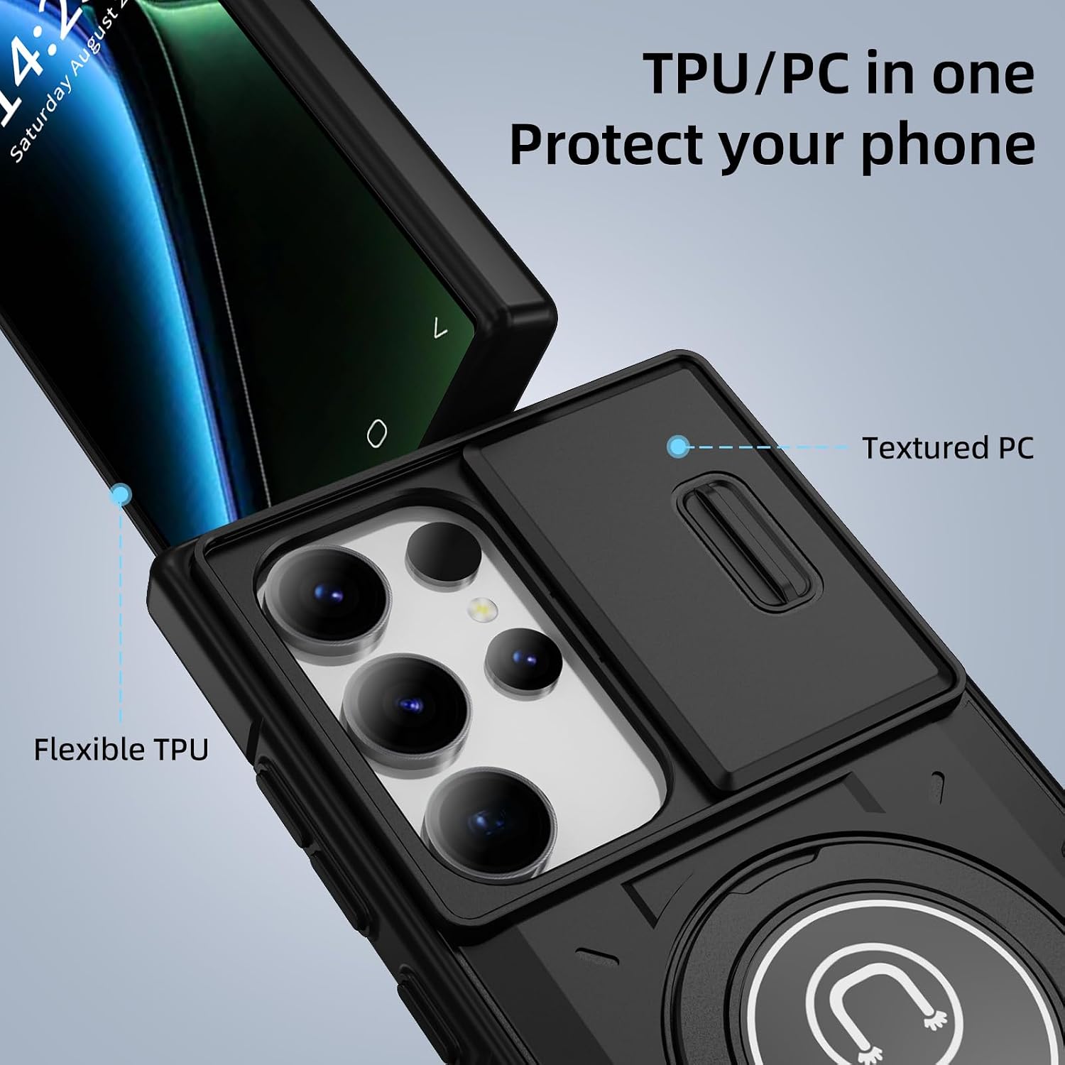 for SamSung Galaxy S25 Ultra Case, Built in Slide Camera Cover & Rotatable Kickstand Ring for S25 Ultra Case with [1X Privacy Screen Protector] Military Heavy Duty ShockProof Protective Case