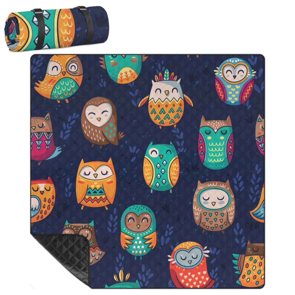 Shimoshe Extra Large Picnic Blankets 79”x 79”, Indian Ethnic Tribe Animal Owl Waterproof Foldable Picnic Mat with Straps Portable Beach Blanket for Camping Park Grass Beach Indoor
