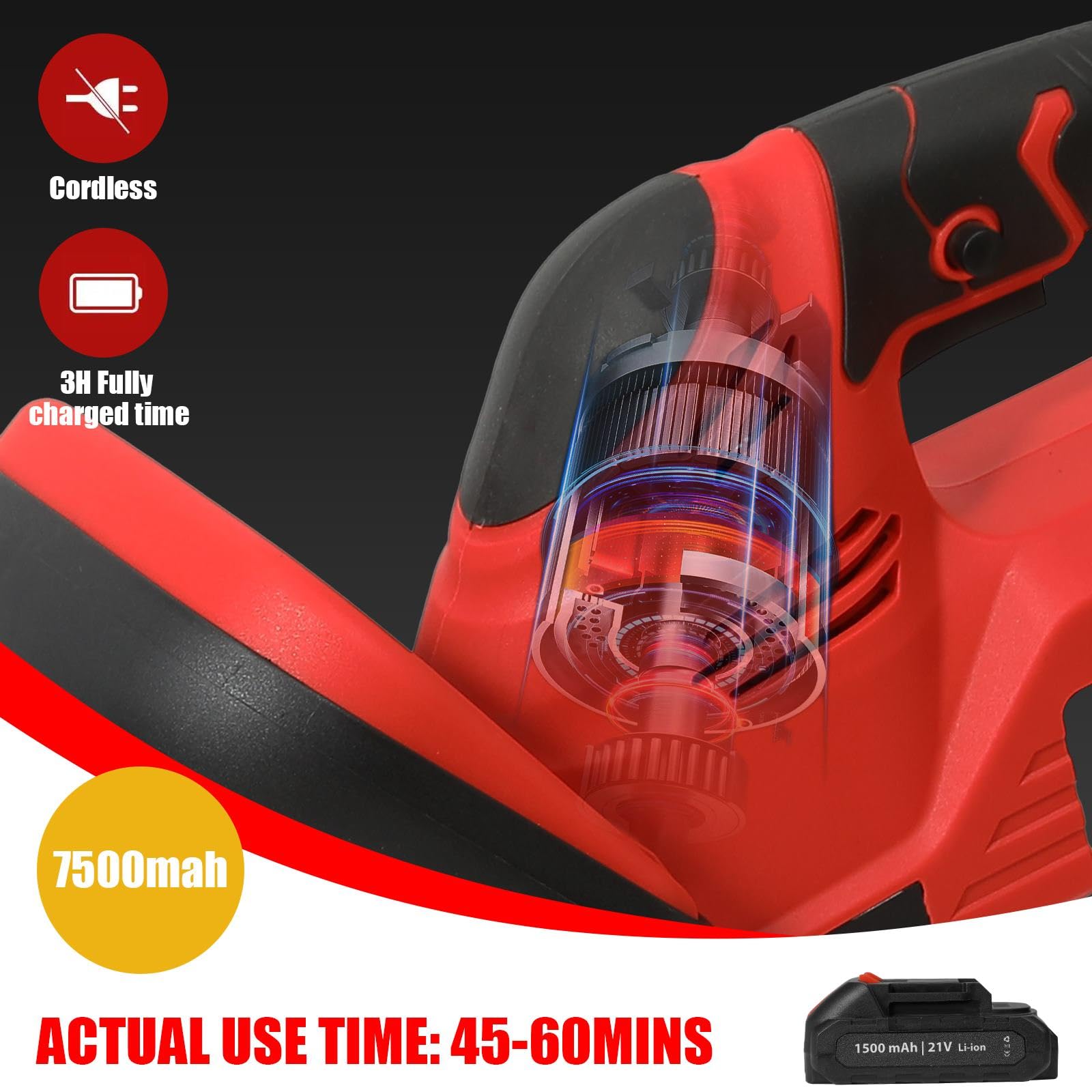 Cortasetos inalámbricos de 21 V con batería de 7500 mAh | Hoja doble de 50 cm, corta-setos eléctricos, bajo ruido, ligero y manejable, ideal para la poda de setos, jardín y arbustos