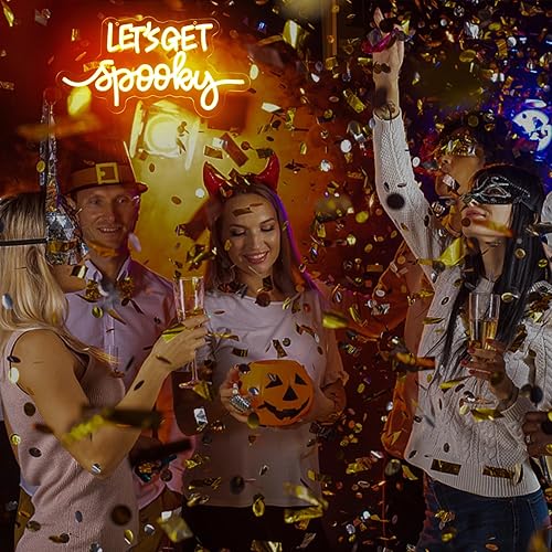 Miniatura 7 de Letreros de neón con texto en inglés "Let's Get Spooky", letrero de neón para Halloween, letras amarillas, luces de neón espeluznantes para pared,