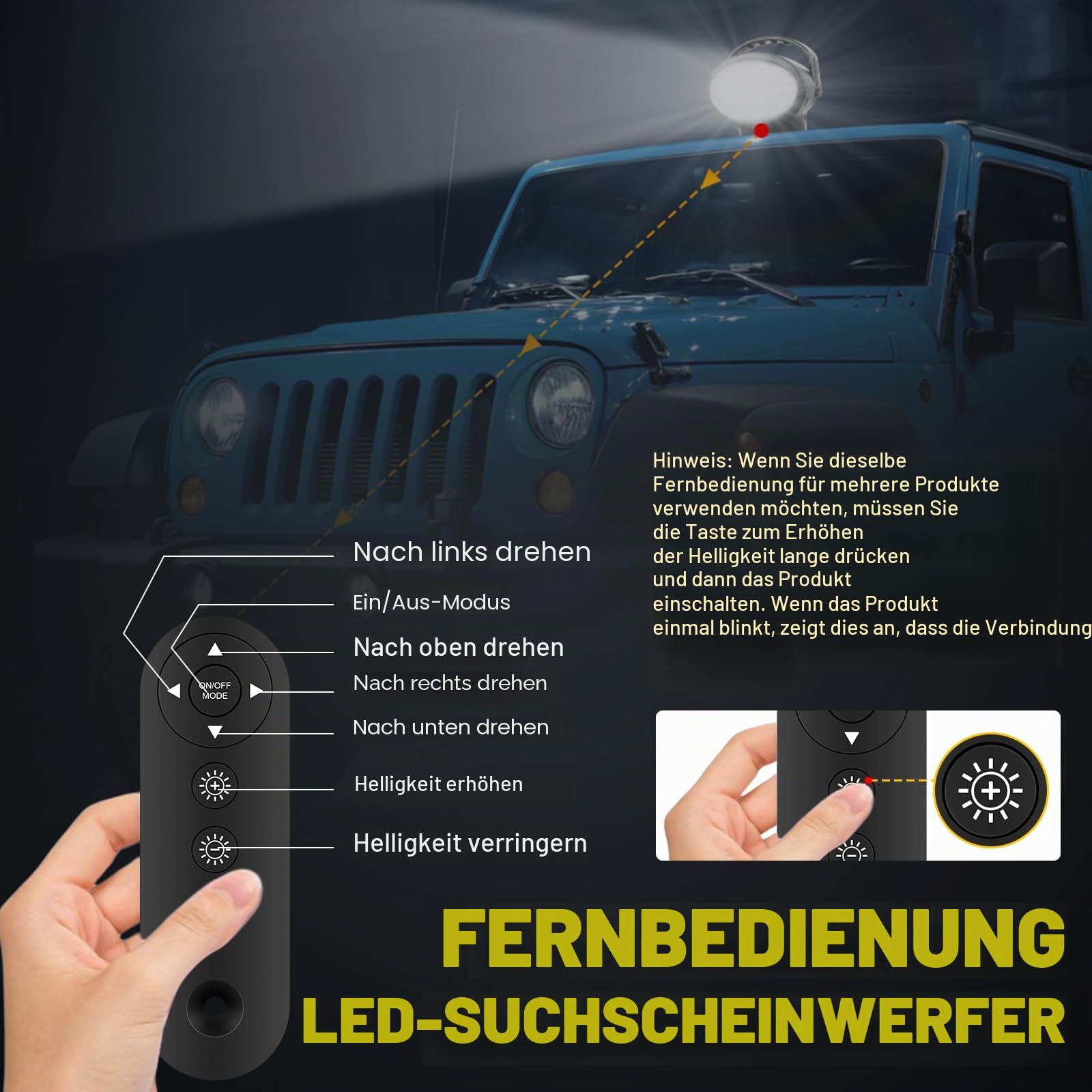 50W LED-Suchscheinwerfer mit Fernbedienung, 360° Drehbares LED-Arbeitsscheinwerfer, Starke eingebaute Magnete, Helligkeit einstellbar, 12V 24V Scheinwerfer für LKW Boote Jagd