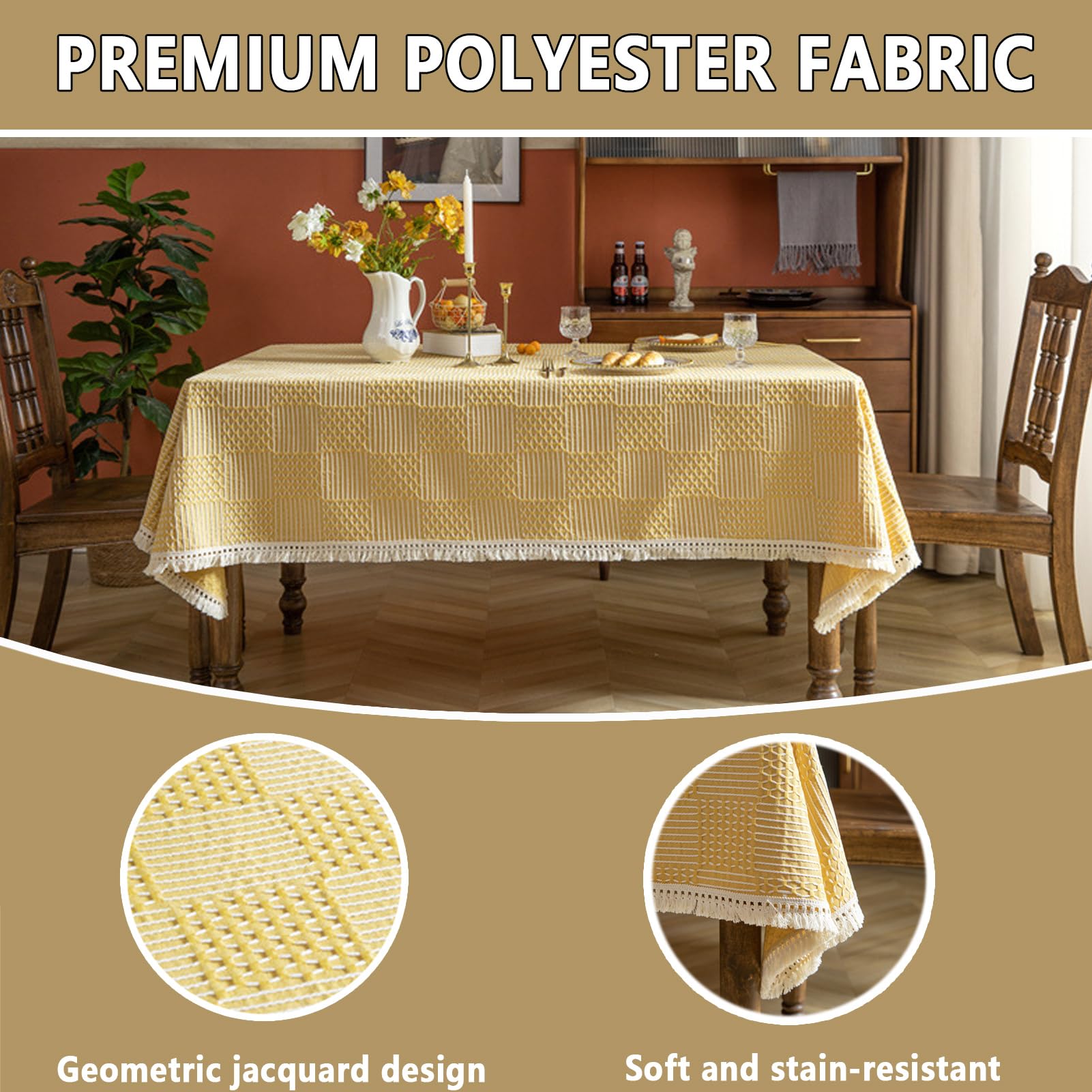 Mantel Mesa Rectangular Antimanchas | Elegante Mesas de Café con Borlas | Cubierta de Mesa Resistente | Moderno para Decoración la Mesas Comedor (Amarillo,140x220 cm)